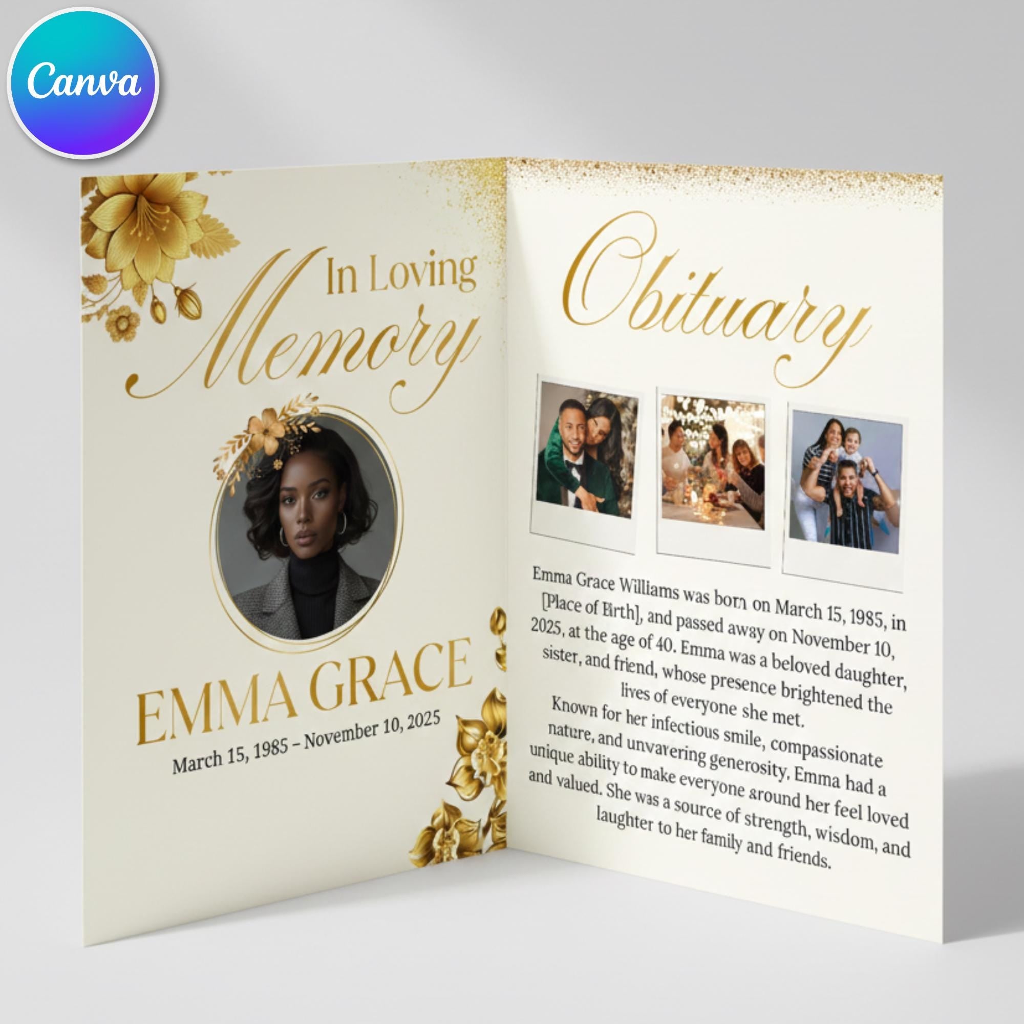 Editable Blush Floral Funeral Program Template, In Loving Memory Template, Memorial Prayer Card, Printable Funeral Remembrance Card - Editable Memorial Canva Template