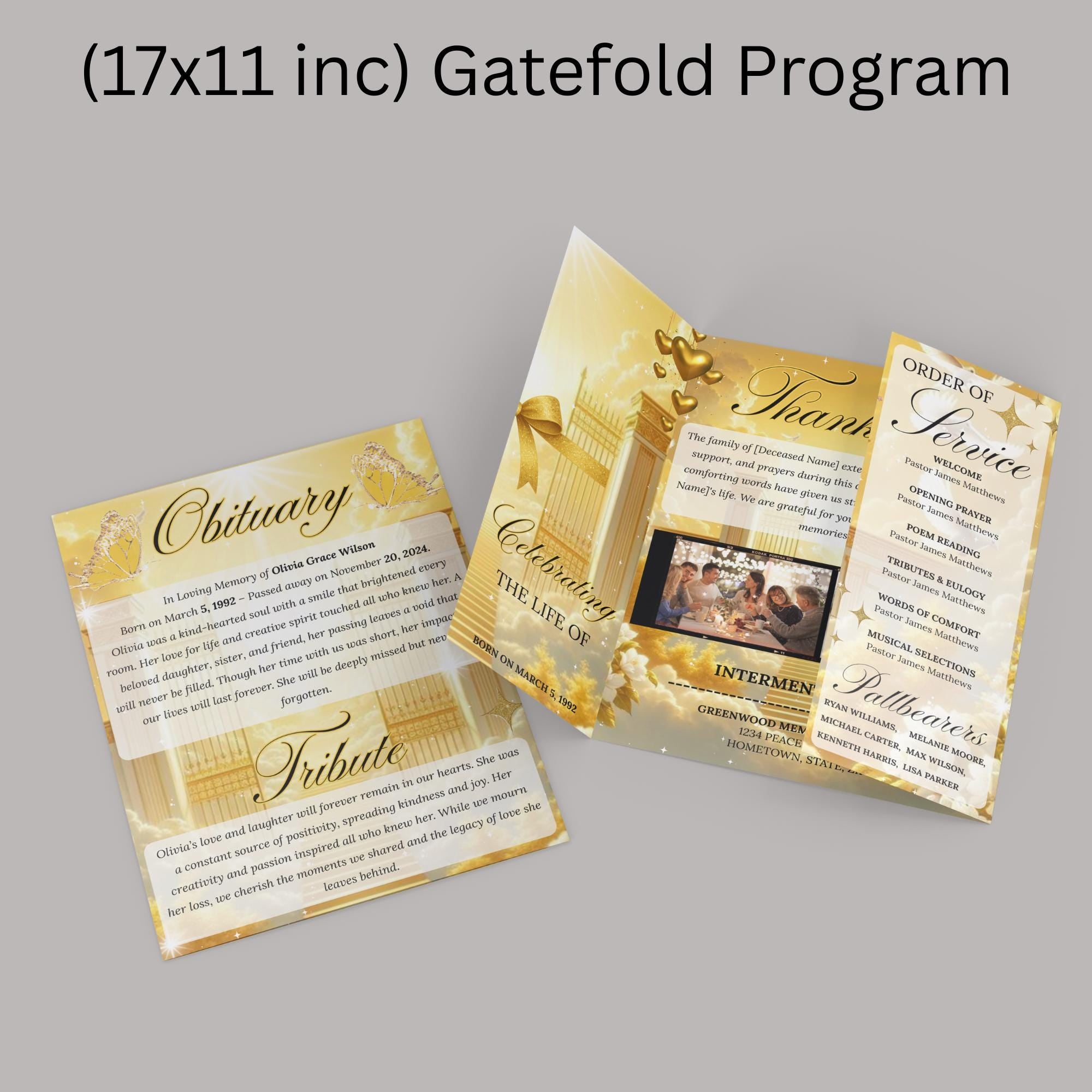 Heavenly Golden Gatefold Funeral Program Canva Template, In Loving Memory Template, Memorial Gatefold Program, Printable Funeral Remembrance - Editable Memorial Canva Template