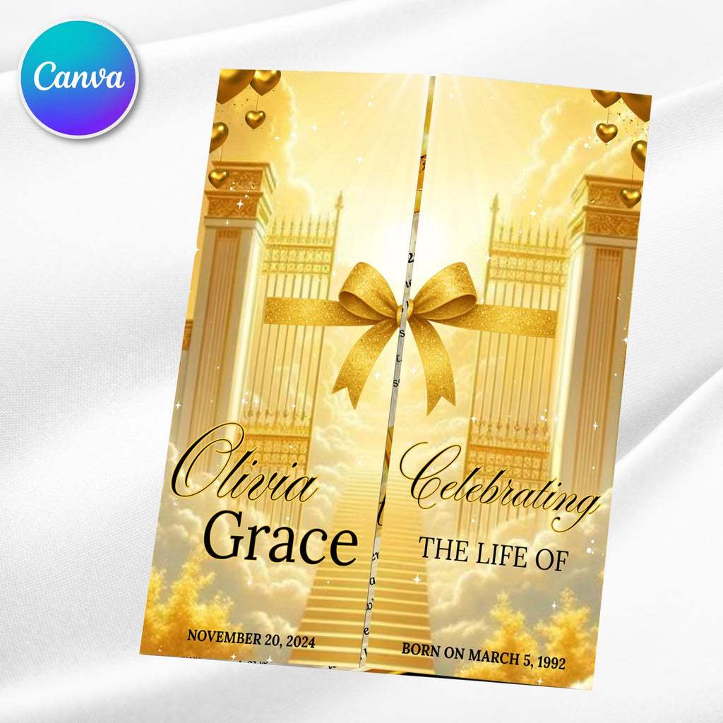 Heavenly Golden Gatefold Funeral Program Canva Template, In Loving Memory Template, Memorial Gatefold Program, Printable Funeral Remembrance - Editable Memorial Canva Template