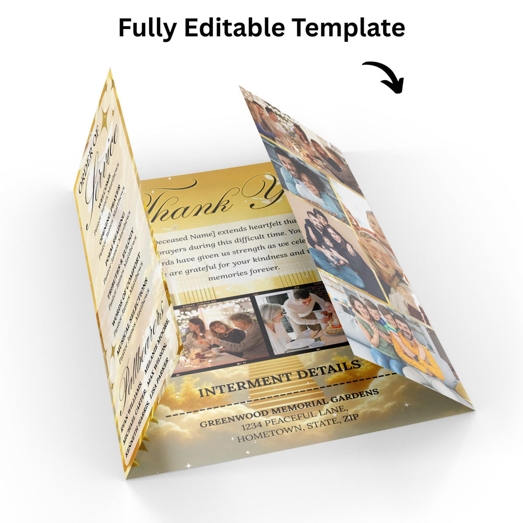 Heavenly Golden Gatefold Funeral Program Canva Template, In Loving Memory Template, Memorial Gatefold Program, Printable Funeral Remembrance - Editable Memorial Canva Template