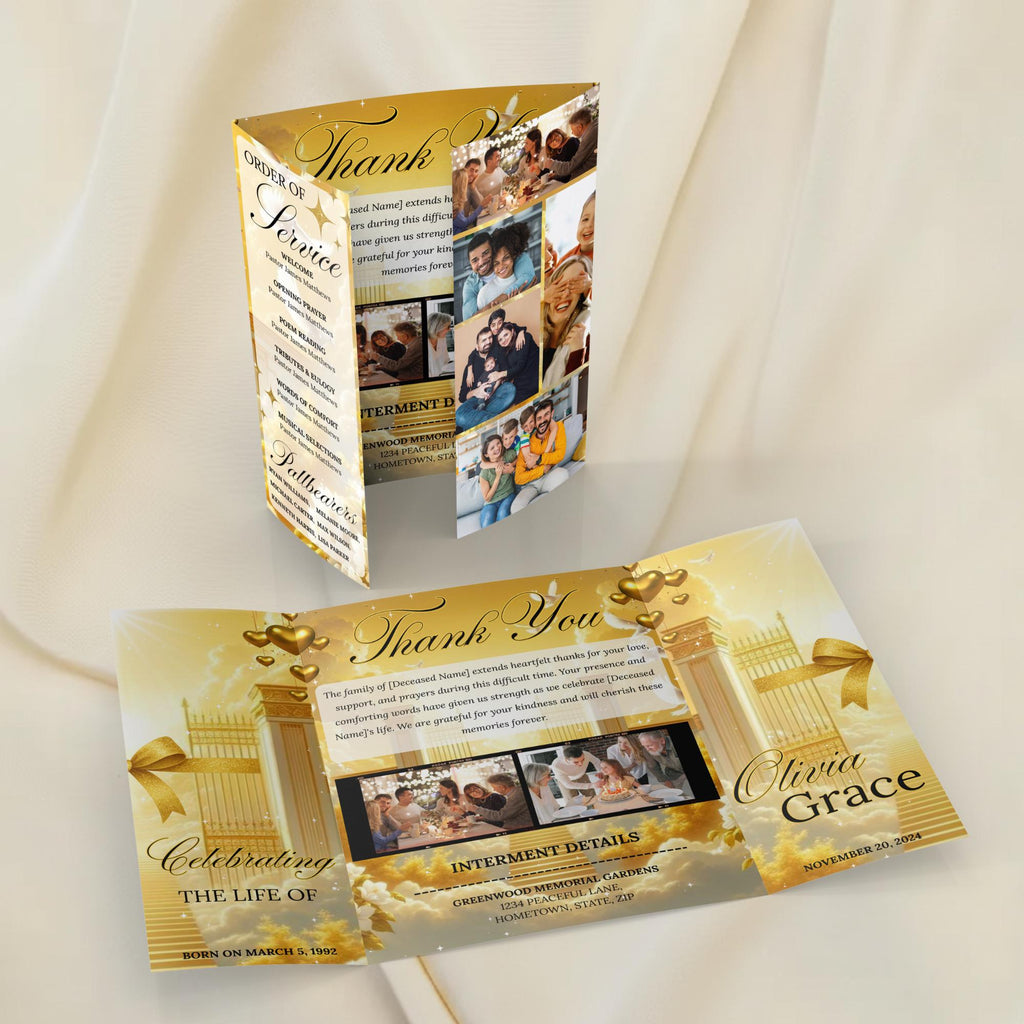 Heavenly Golden Gatefold Funeral Program Canva Template, In Loving Memory Template, Memorial Gatefold Program, Printable Funeral Remembrance - Editable Memorial Canva Template