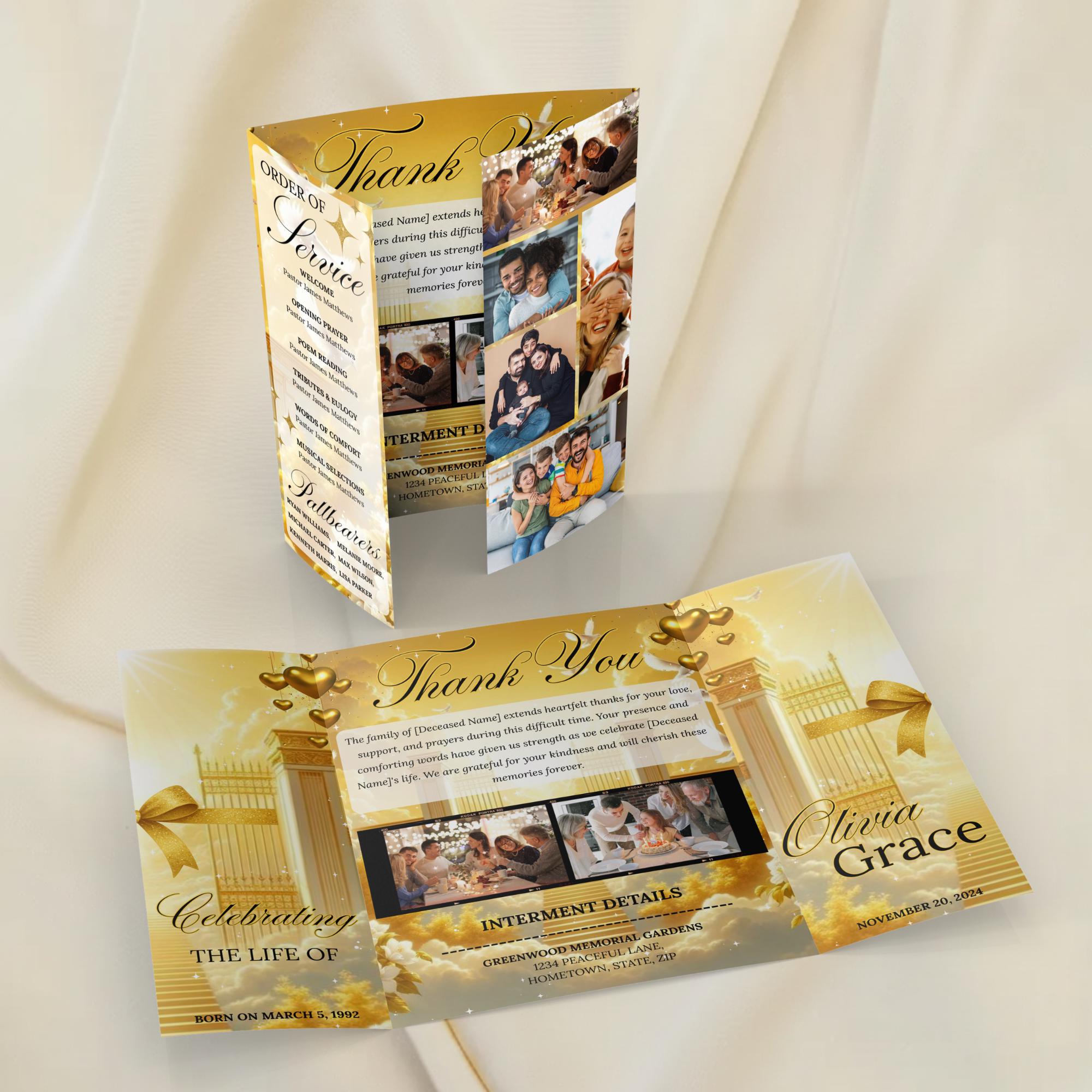 Heavenly Golden Gatefold Funeral Program Canva Template, In Loving Memory Template, Memorial Gatefold Program, Printable Funeral Remembrance - Editable Memorial Canva Template
