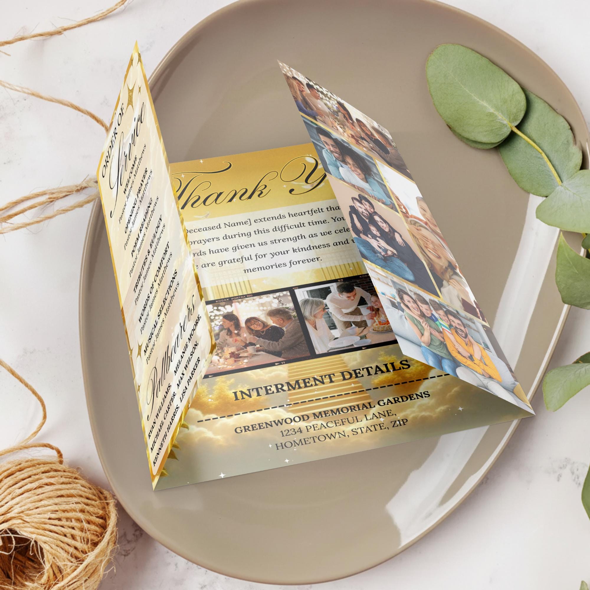 Heavenly Golden Gatefold Funeral Program Canva Template, In Loving Memory Template, Memorial Gatefold Program, Printable Funeral Remembrance - Editable Memorial Canva Template