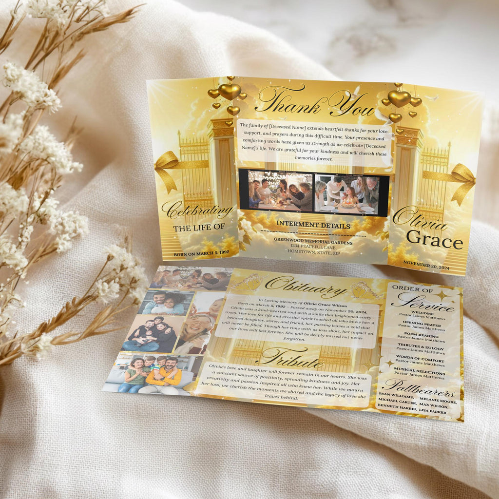 Heavenly Golden Gatefold Funeral Program Canva Template, In Loving Memory Template, Memorial Gatefold Program, Printable Funeral Remembrance - Editable Memorial Canva Template
