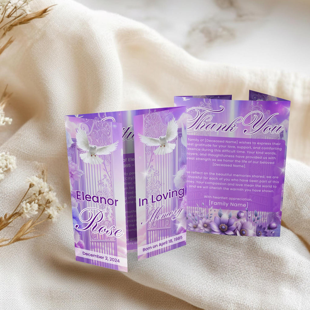 Heavenly Purple Gatefold Funeral Program Template, In Loving Memory Template,Memorial Gatefold Program, Celebration of Life Funeral Brochure - Editable Memorial Canva Template