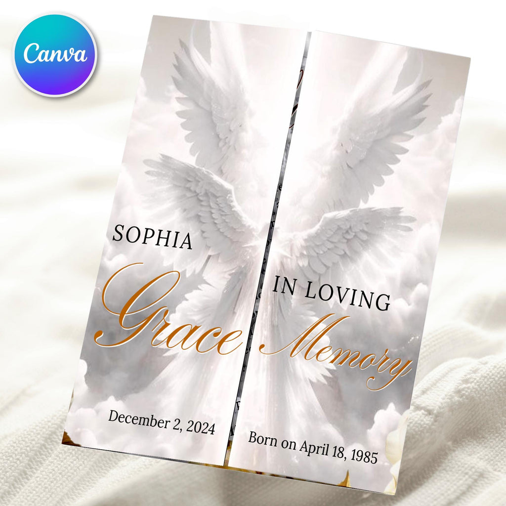 Silver Obituary Gatefold Funeral Program Template, In Loving Memory Template,Memorial Gatefold Program, Celebration of Life Funeral Brochure - Editable Memorial Canva Template