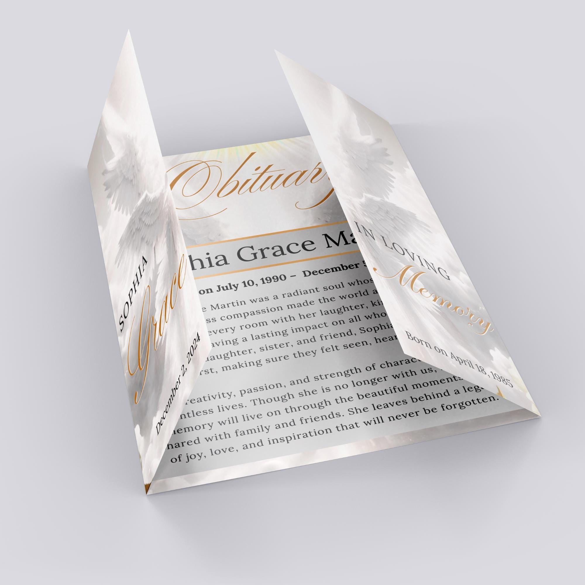Silver Obituary Gatefold Funeral Program Template, In Loving Memory Template,Memorial Gatefold Program, Celebration of Life Funeral Brochure - Editable Memorial Canva Template