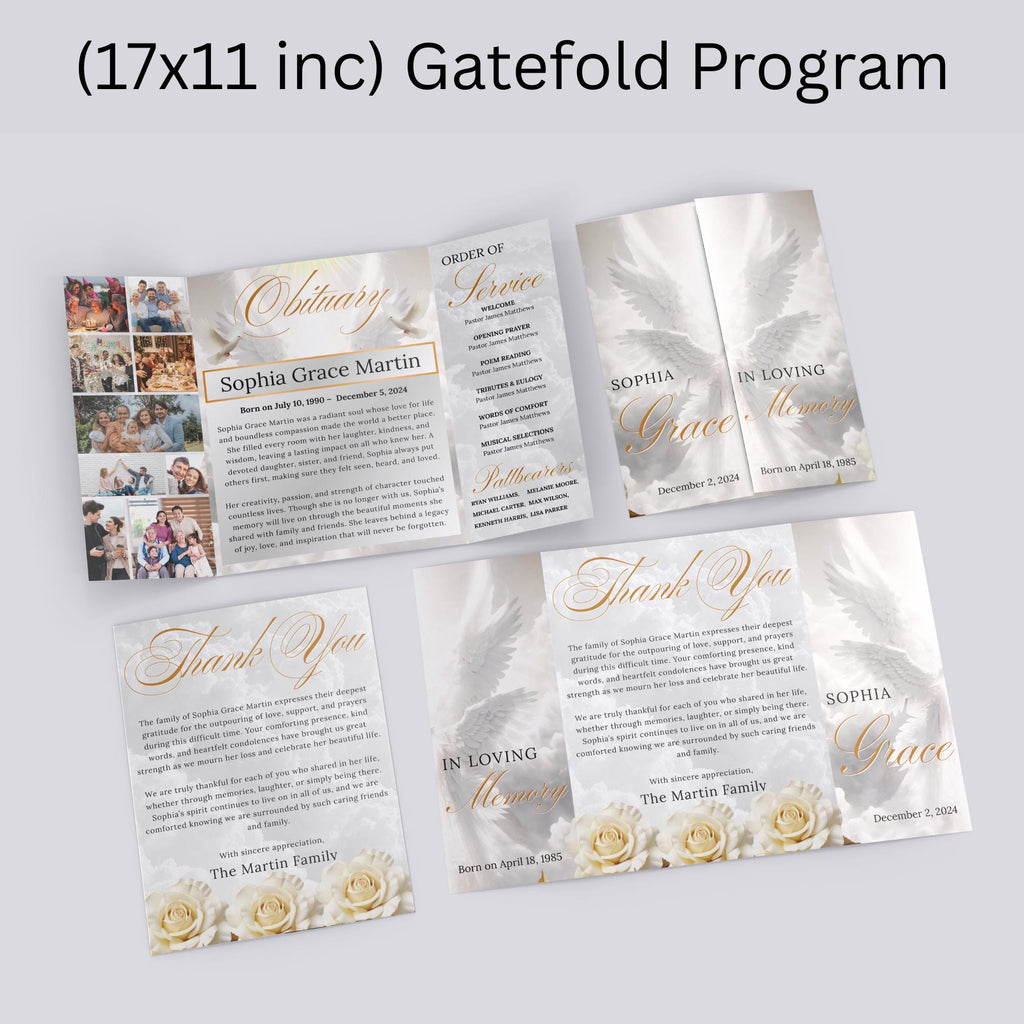 Silver Obituary Gatefold Funeral Program Template, In Loving Memory Template,Memorial Gatefold Program, Celebration of Life Funeral Brochure - Editable Memorial Canva Template