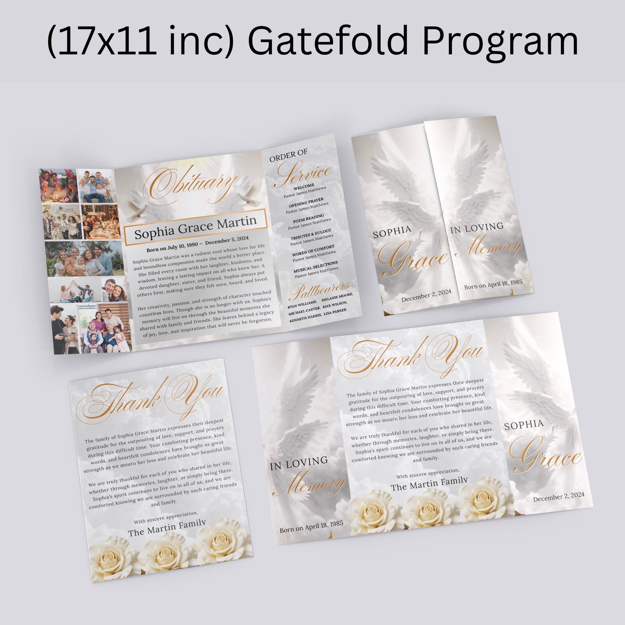 Silver Obituary Gatefold Funeral Program Template, In Loving Memory Template,Memorial Gatefold Program, Celebration of Life Funeral Brochure - Editable Memorial Canva Template
