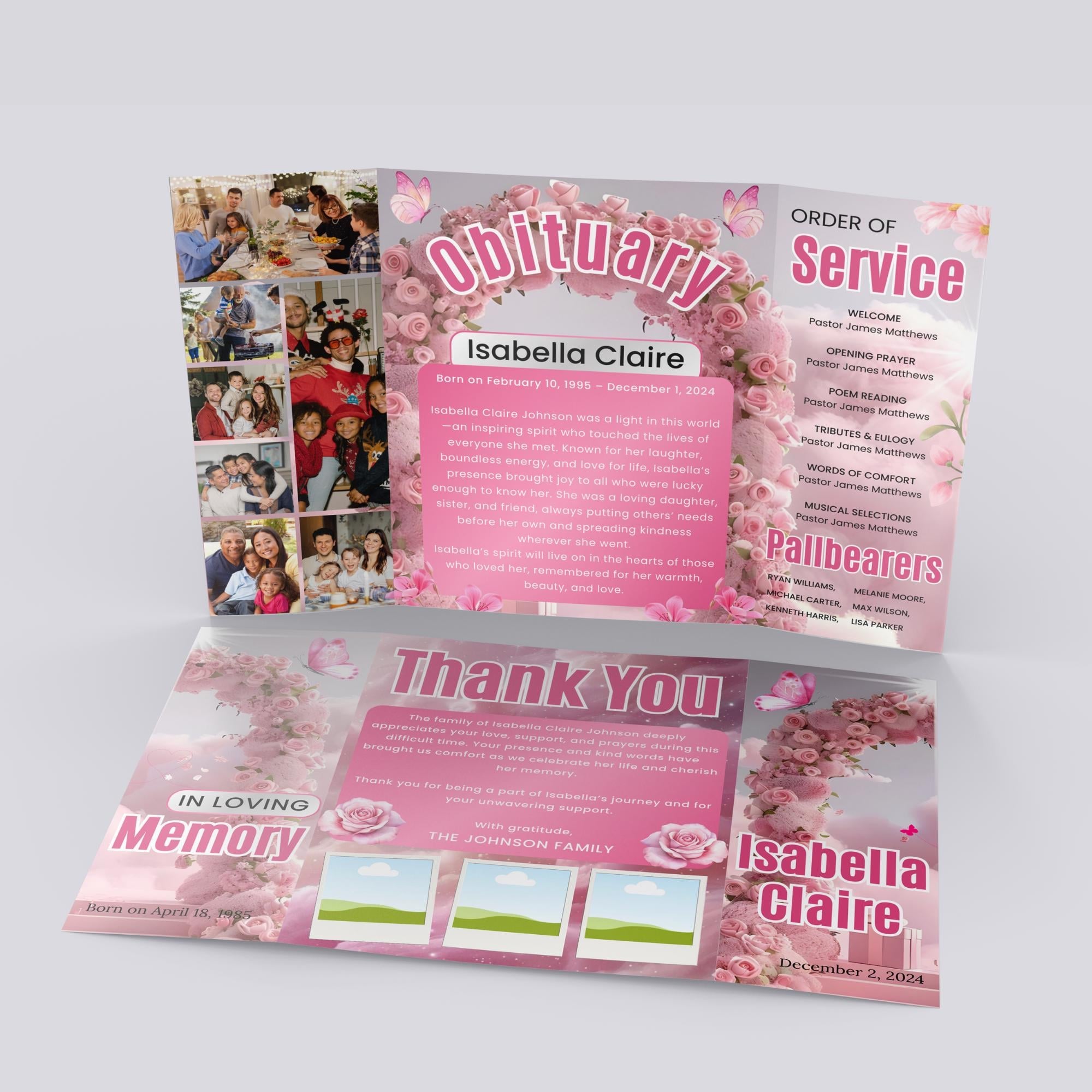 Angel Wings Pink Gatefold Funeral Program, In Loving Memory Template, Memorial Gatefold Program, Celebration of Life Funeral Brochure - Editable Memorial Canva Template
