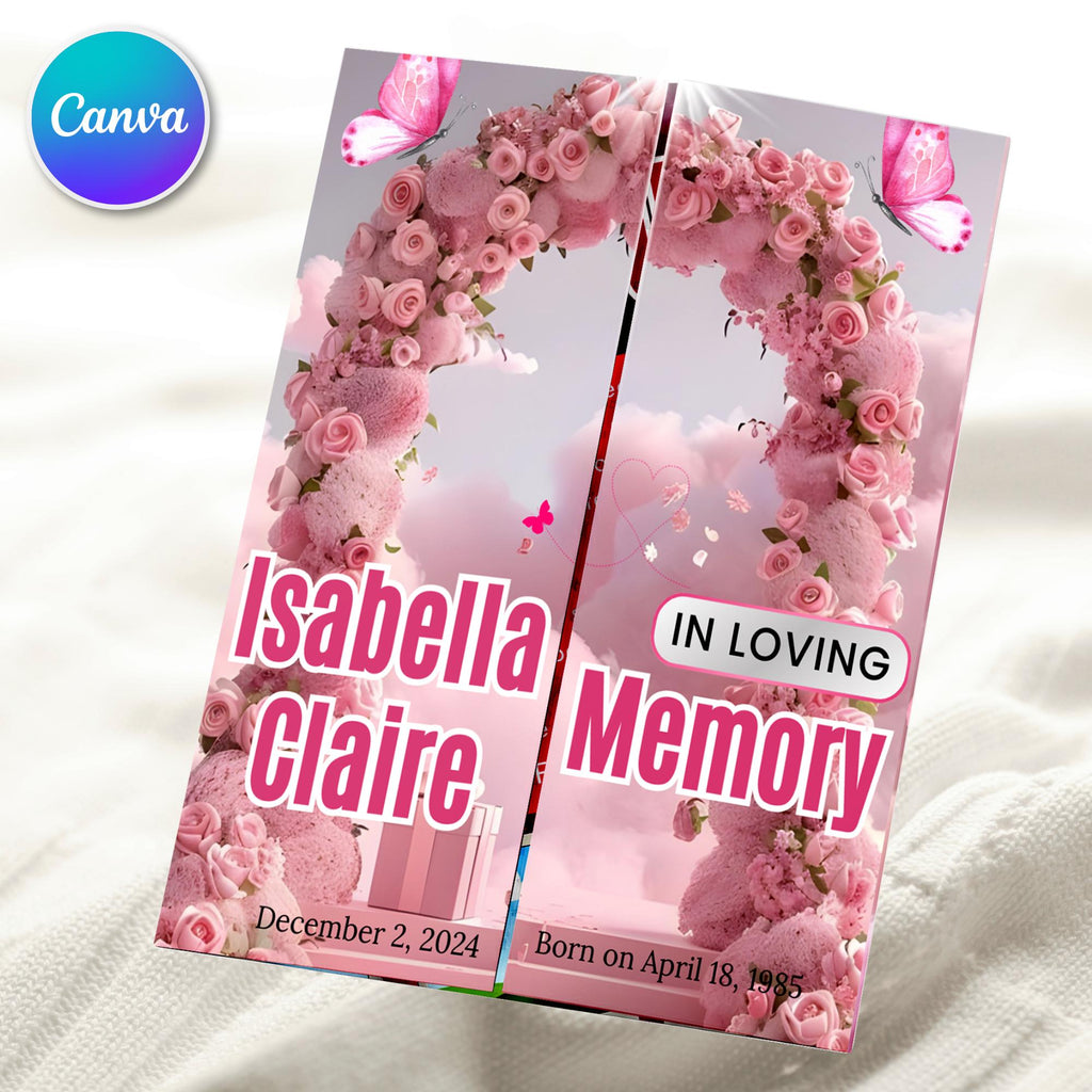 Angel Wings Pink Gatefold Funeral Program, In Loving Memory Template, Memorial Gatefold Program, Celebration of Life Funeral Brochure - Editable Memorial Canva Template