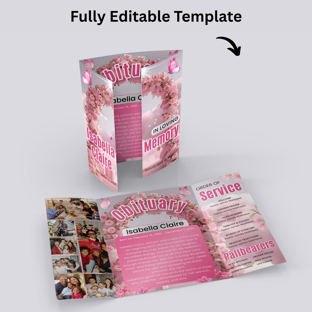 Angel Wings Pink Gatefold Funeral Program, In Loving Memory Template, Memorial Gatefold Program, Celebration of Life Funeral Brochure - Editable Memorial Canva Template