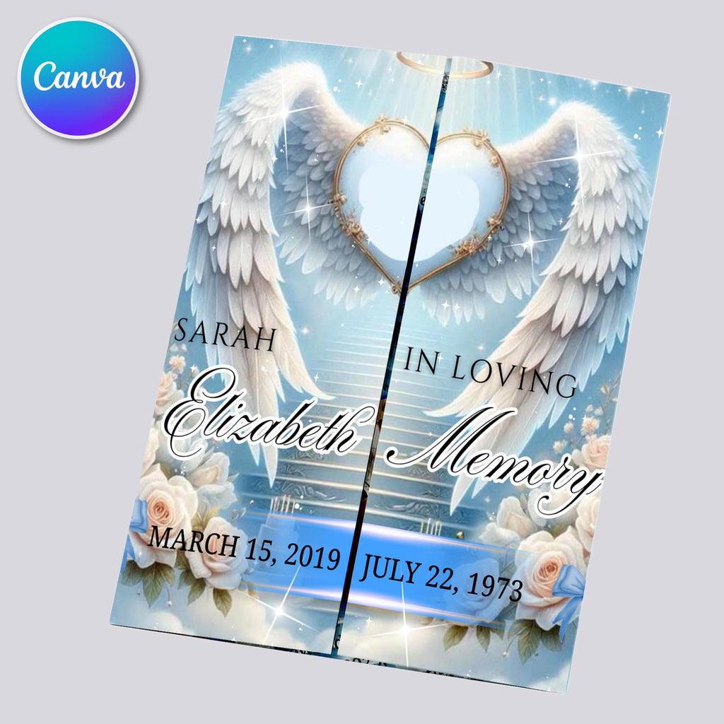 Angel Wings Gatefold Funeral Program, In Loving Memory Canva Template, Memorial Gatefold Program, Celebration of Life Funeral Brochure - Editable Memorial Canva Template
