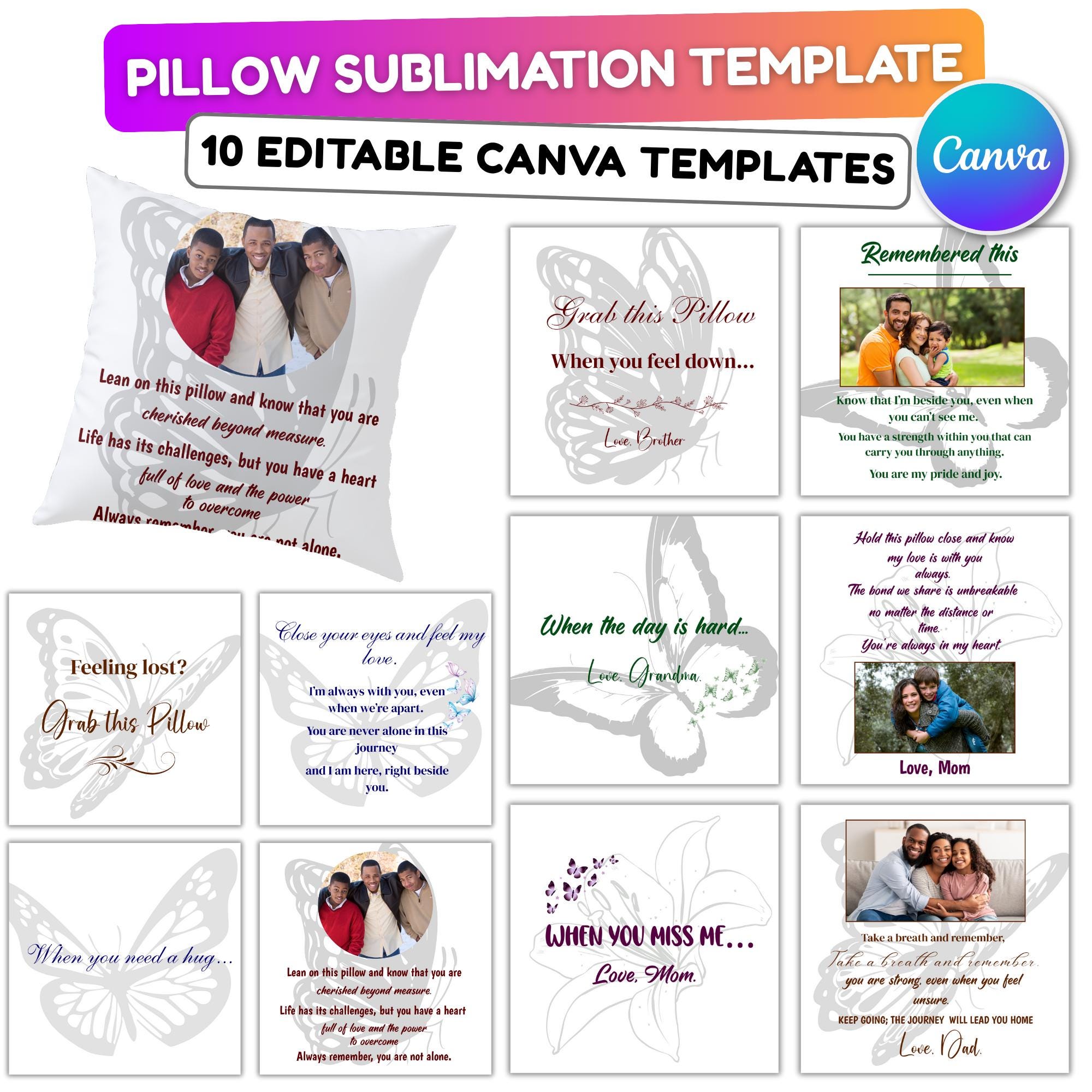 10 Memorial Pillow Sublimation Canva Editable Templates, When The Day Is Hard Templates, In Loving Memory, Always In Our Heart Pillow Design - Editable Memorial Canva Template