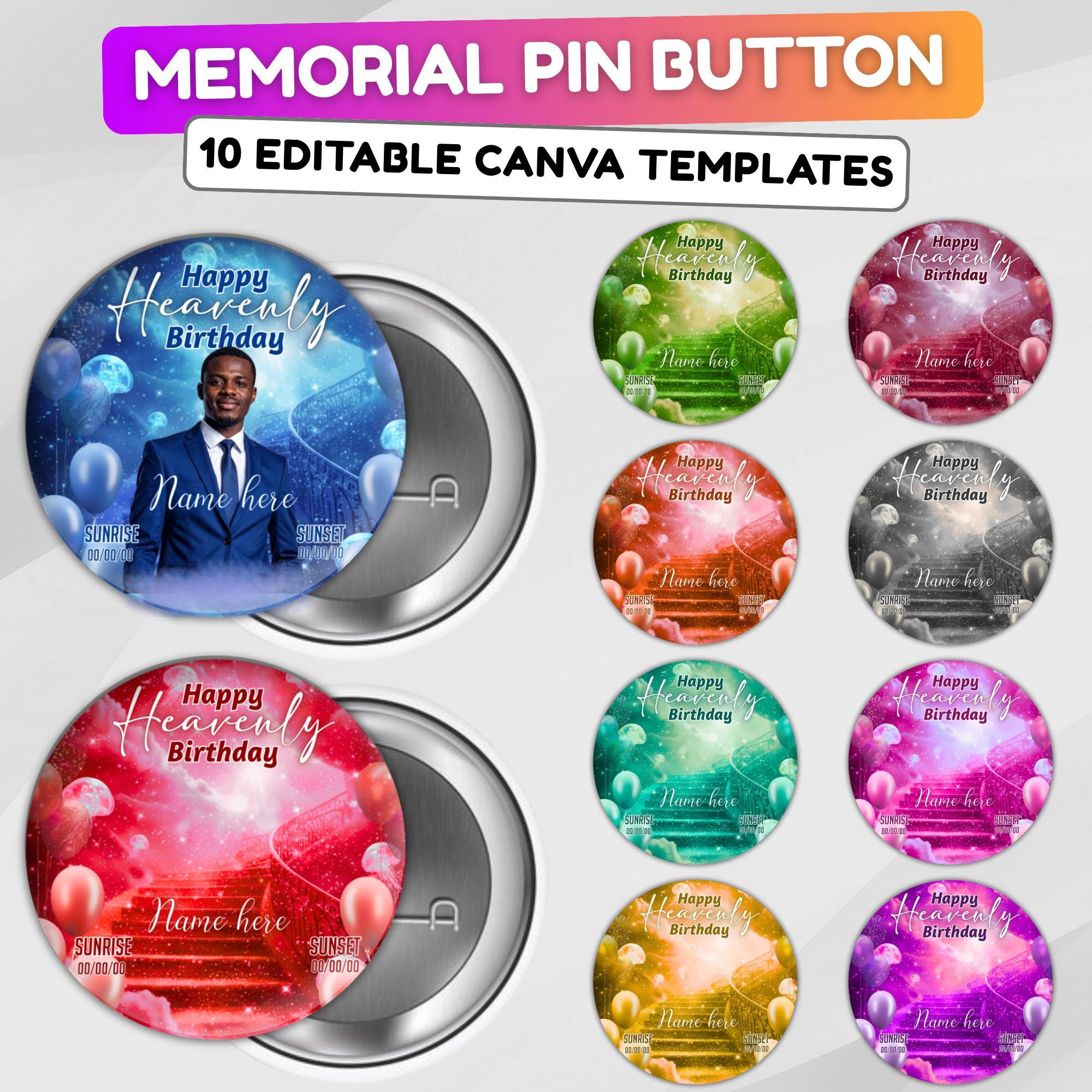 10 Happy Heavenly Birthday Pin Button Canva Editable Template, In Loving Memory Template, Memorial Pin Button, Funeral & Celebration of Life - Editable Memorial Canva Template