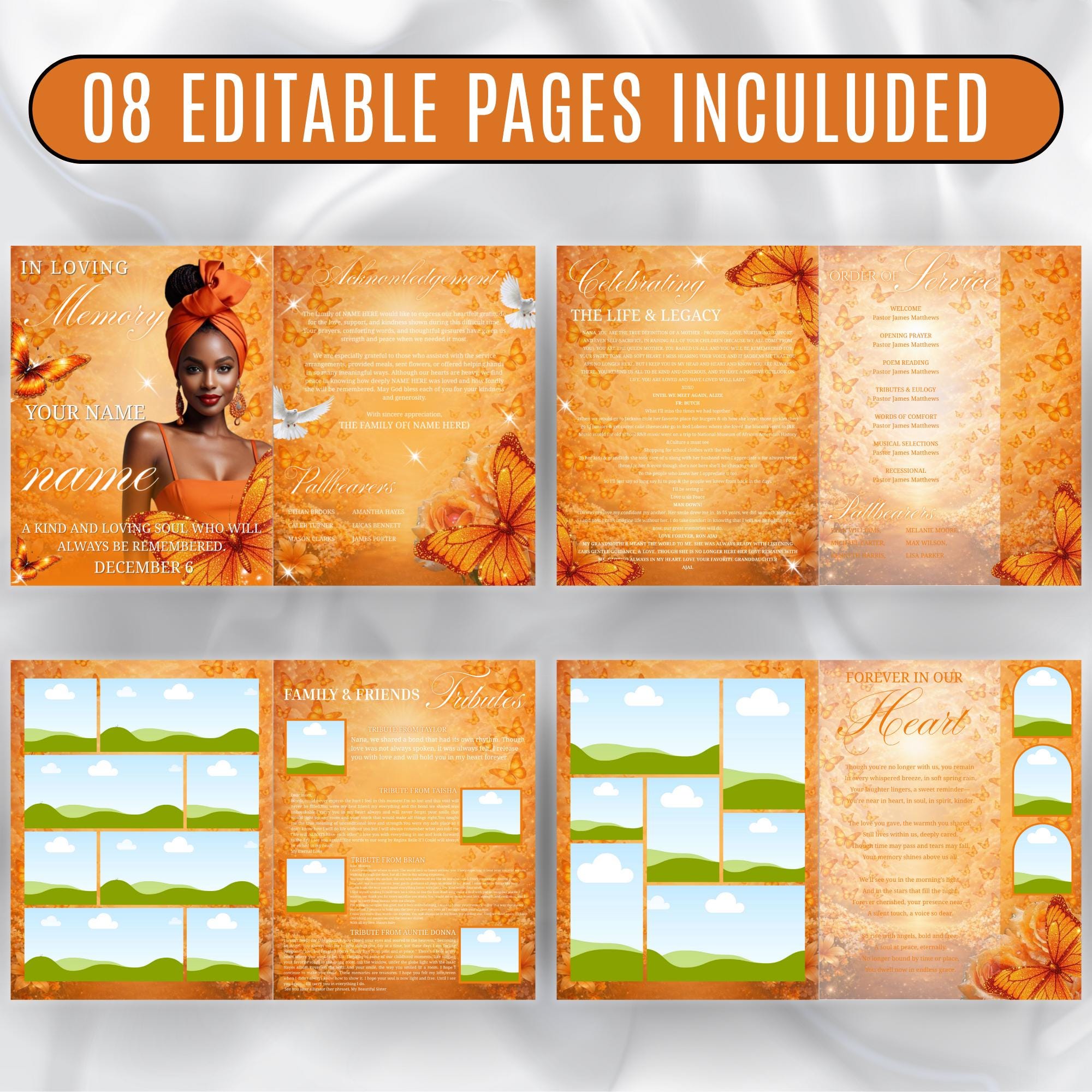 08 Pages Orange Butterfly Funeral Program Template, Bi-Fold Funeral Program, Obituary Celebration Of Life Program, Digital Download - Editable Memorial Canva Template