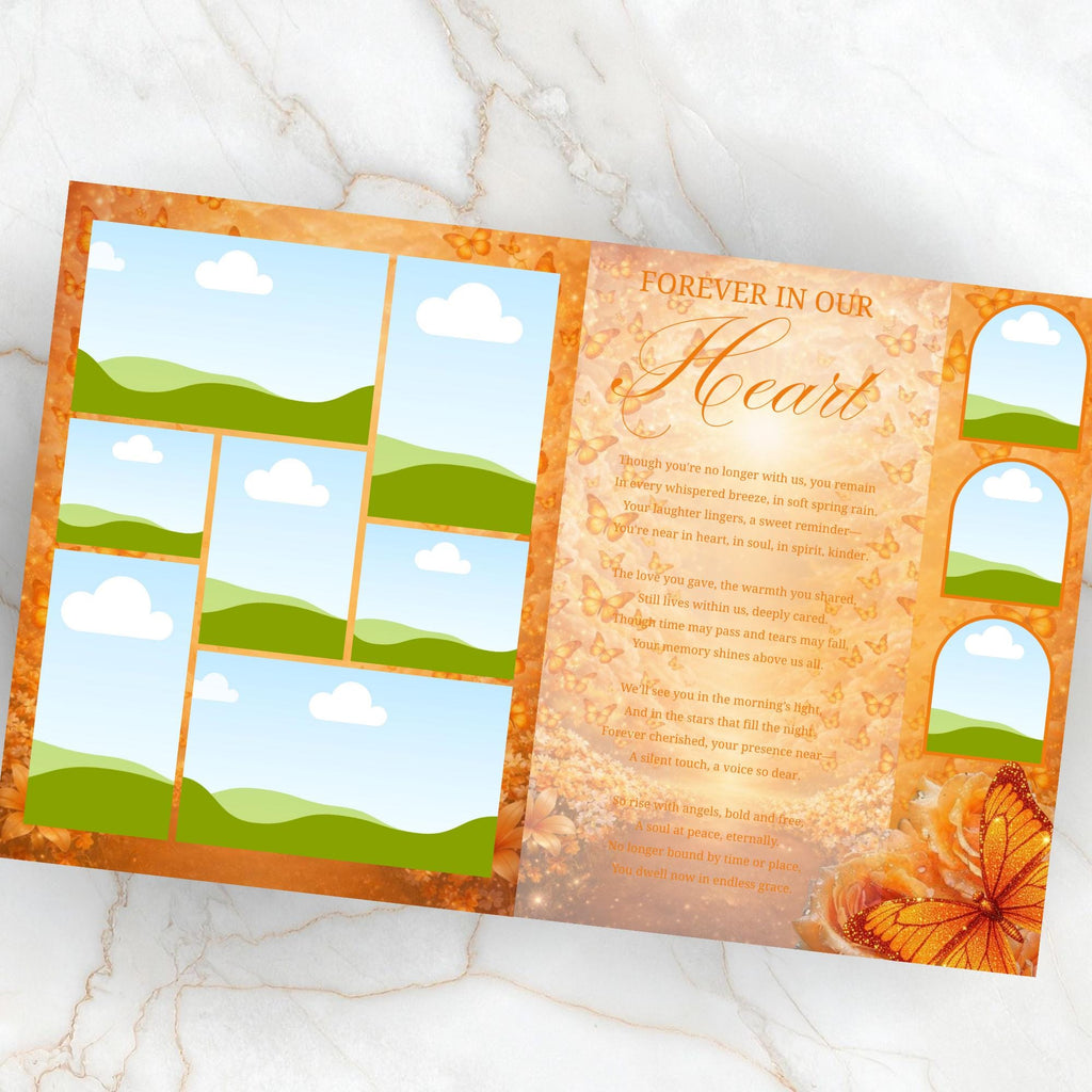 08 Pages Orange Butterfly Funeral Program Template, Bi-Fold Funeral Program, Obituary Celebration Of Life Program, Digital Download - Editable Memorial Canva Template