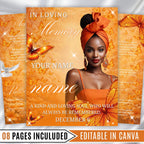 08 Pages Orange Butterfly Funeral Program Template, Bi-Fold Funeral Program, Obituary Celebration Of Life Program, Digital Download - Editable Memorial Canva Template