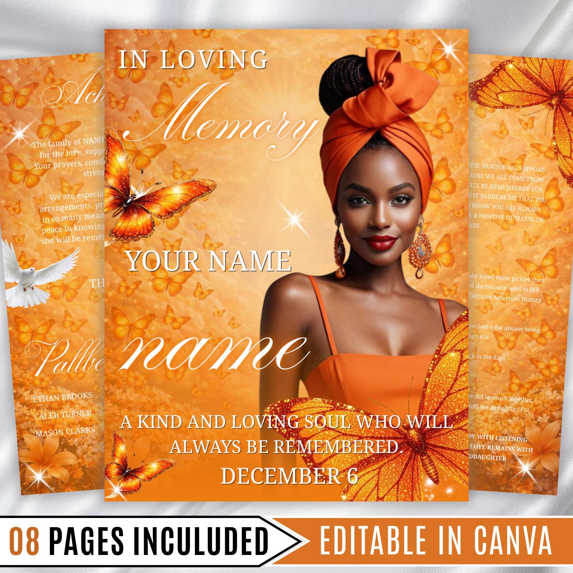 08 Pages Orange Butterfly Funeral Program Template, Bi-Fold Funeral Program, Obituary Celebration Of Life Program, Digital Download - Editable Memorial Canva Template