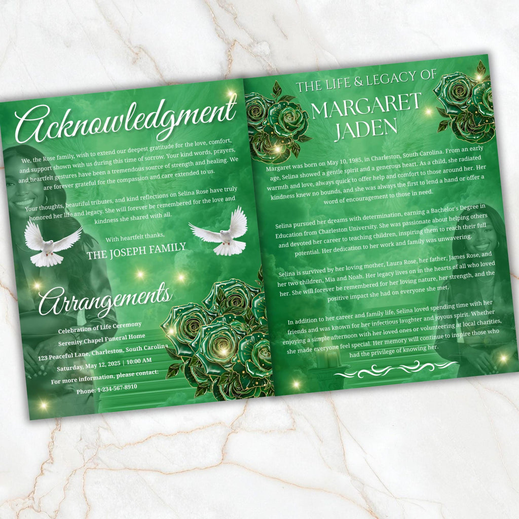 08 Pages Green Roses Lightning Funeral Program Template, Bi-Fold Funeral Program, In Loving Memory, Obituary Celebration Of Life Program - Editable Memorial Canva Template