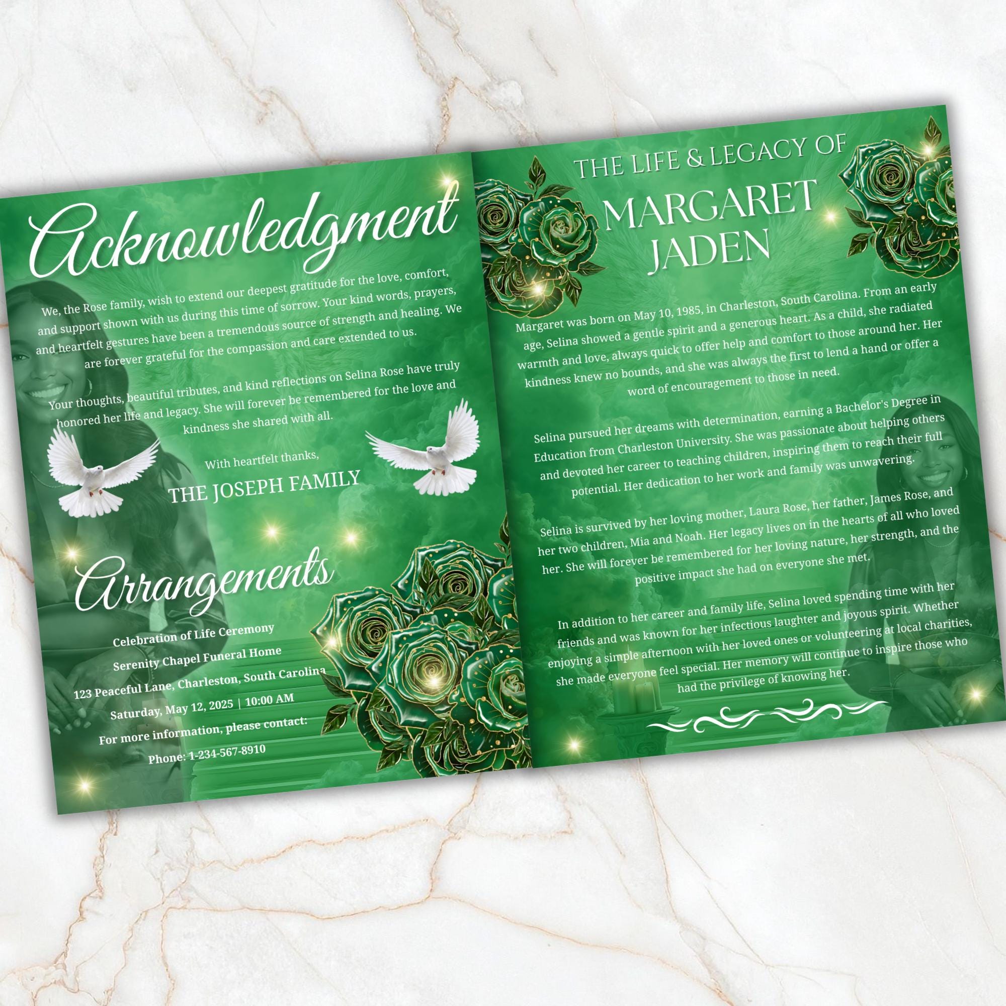 08 Pages Green Roses Lightning Funeral Program Template, Bi-Fold Funeral Program, In Loving Memory, Obituary Celebration Of Life Program - Editable Memorial Canva Template