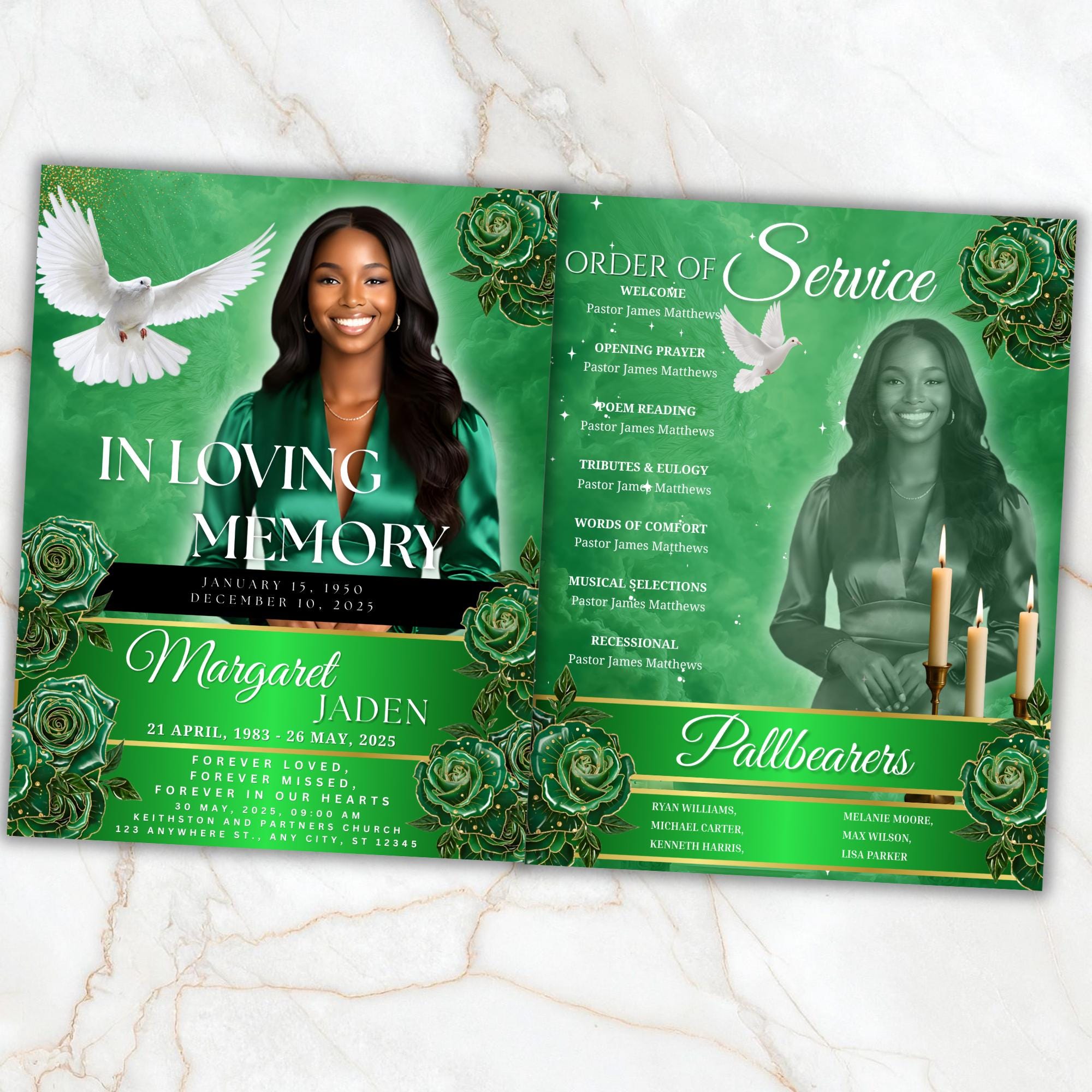 08 Pages Green Roses Lightning Funeral Program Template, Bi-Fold Funeral Program, In Loving Memory, Obituary Celebration Of Life Program - Editable Memorial Canva Template
