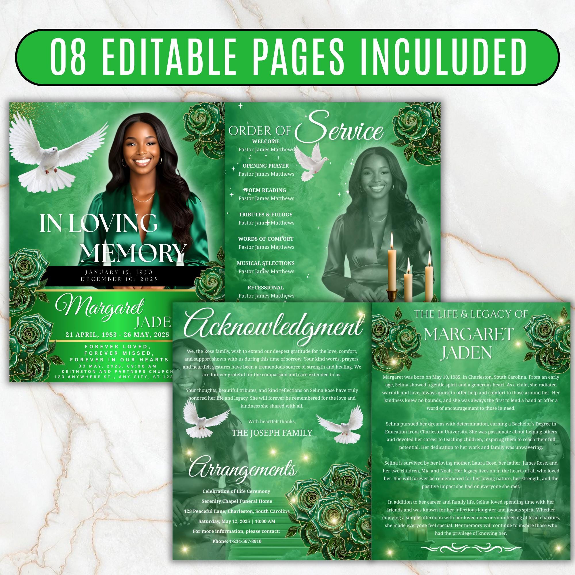 08 Pages Green Roses Lightning Funeral Program Template, Bi-Fold Funeral Program, In Loving Memory, Obituary Celebration Of Life Program - Editable Memorial Canva Template
