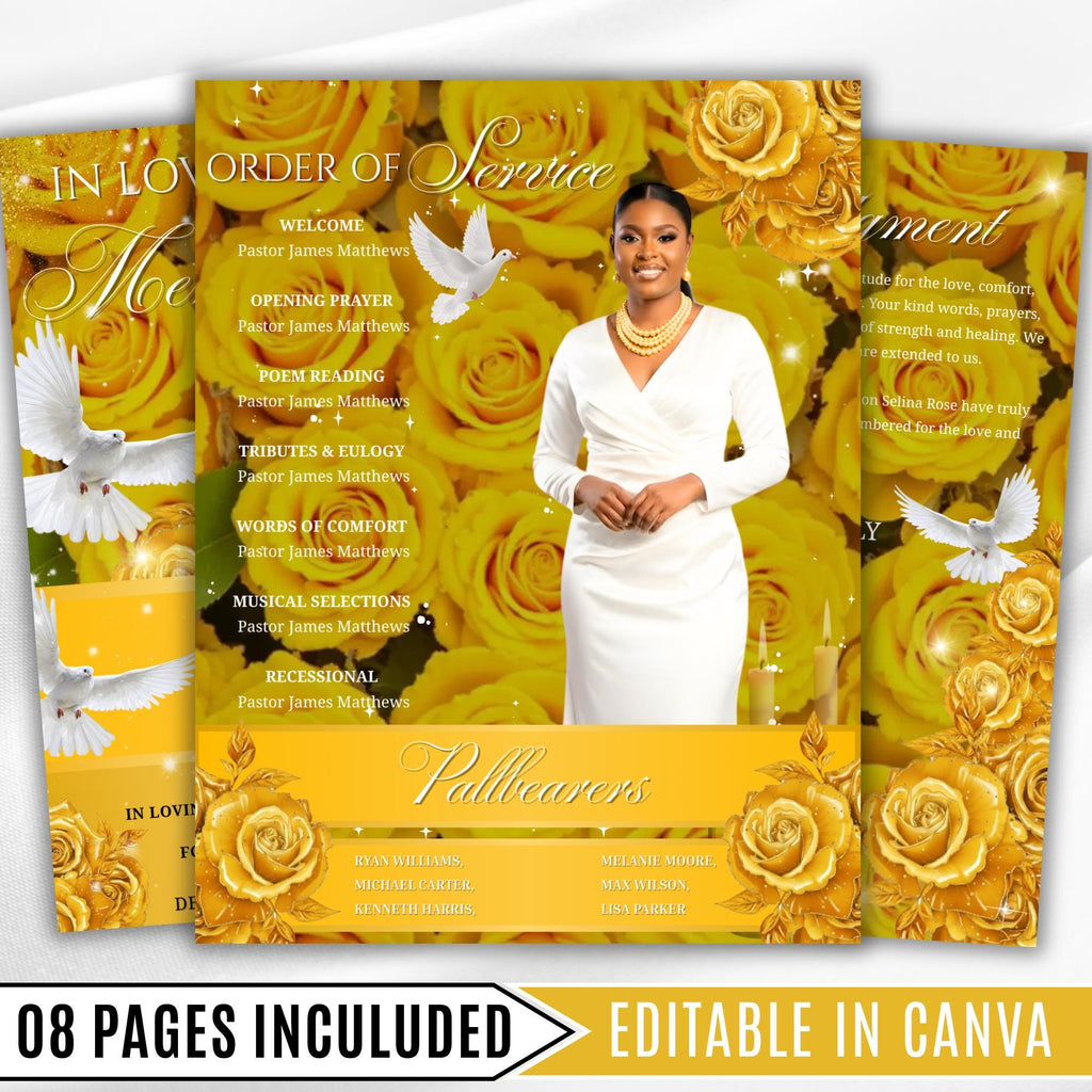 08 Pages Yellow Glitter Roses Funeral Program Template, Bi-Fold Funeral Program, In Loving Memory, Obituary Celebration Of Life Program - Editable Memorial Canva Template