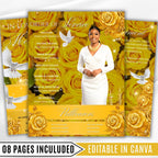 08 Pages Yellow Glitter Roses Funeral Program Template, Bi-Fold Funeral Program, In Loving Memory, Obituary Celebration Of Life Program - Editable Memorial Canva Template