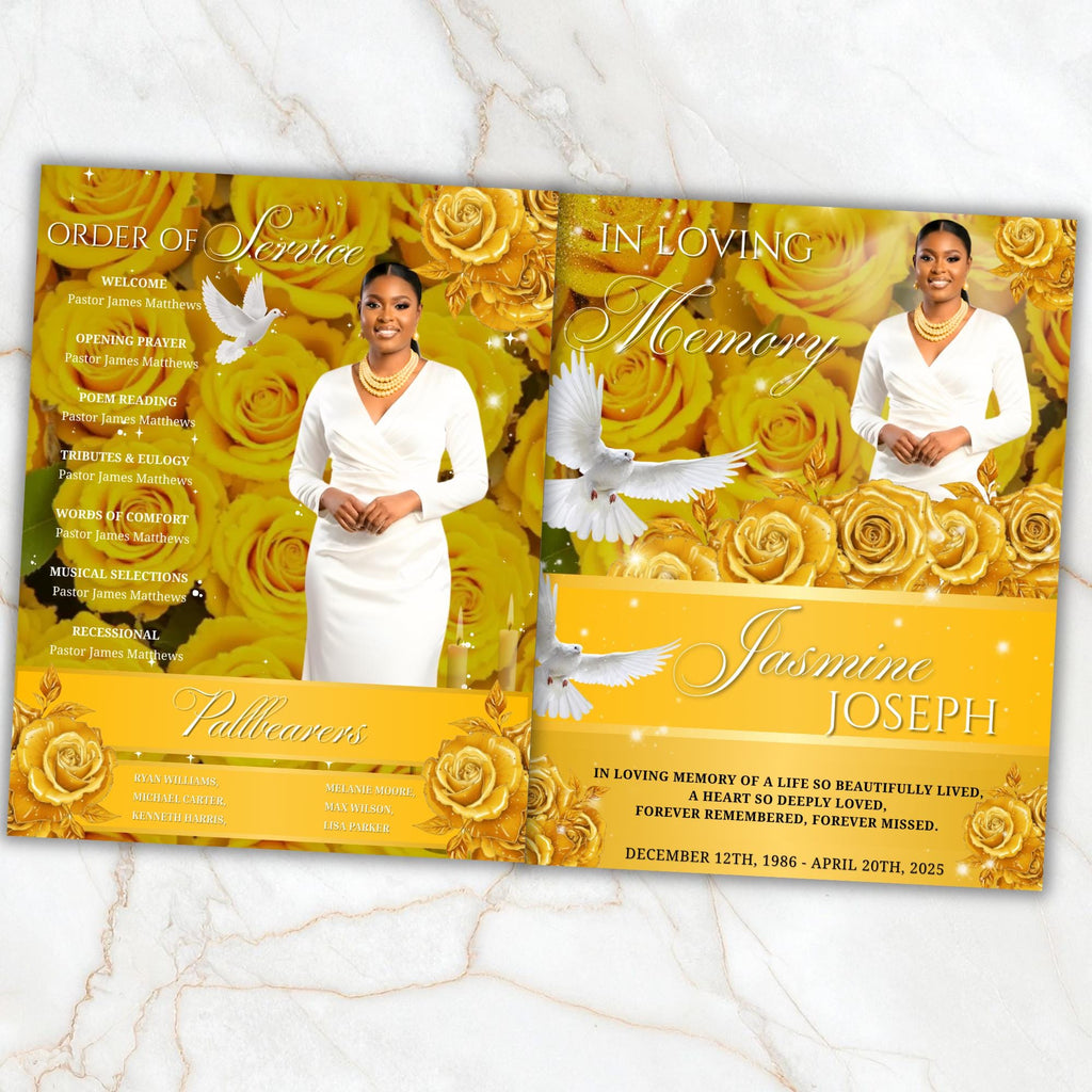 08 Pages Yellow Glitter Roses Funeral Program Template, Bi-Fold Funeral Program, In Loving Memory, Obituary Celebration Of Life Program - Editable Memorial Canva Template