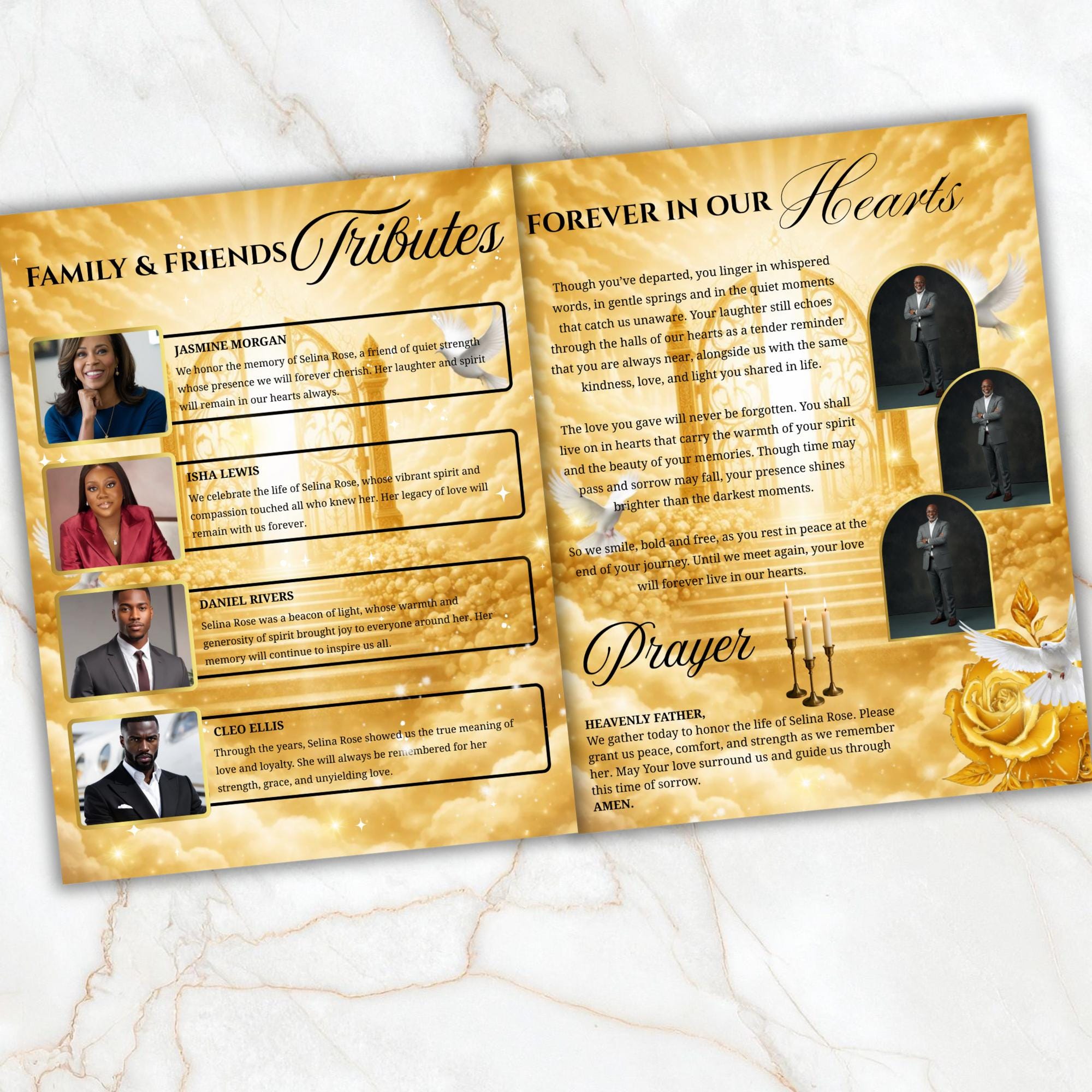 08 Pages Yellow Heaven Background Funeral Program Template, Bi-Fold Funeral Program, In Loving Memory, Obituary Celebration Of Life Program - Editable Memorial Canva Template