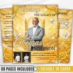 08 Pages Yellow Heaven Background Funeral Program Template, Bi-Fold Funeral Program, In Loving Memory, Obituary Celebration Of Life Program - Editable Memorial Canva Template