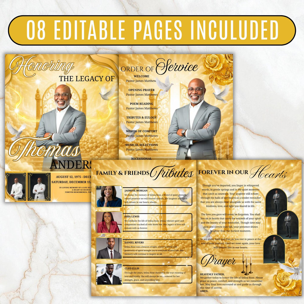 08 Pages Yellow Heaven Background Funeral Program Template, Bi-Fold Funeral Program, In Loving Memory, Obituary Celebration Of Life Program - Editable Memorial Canva Template