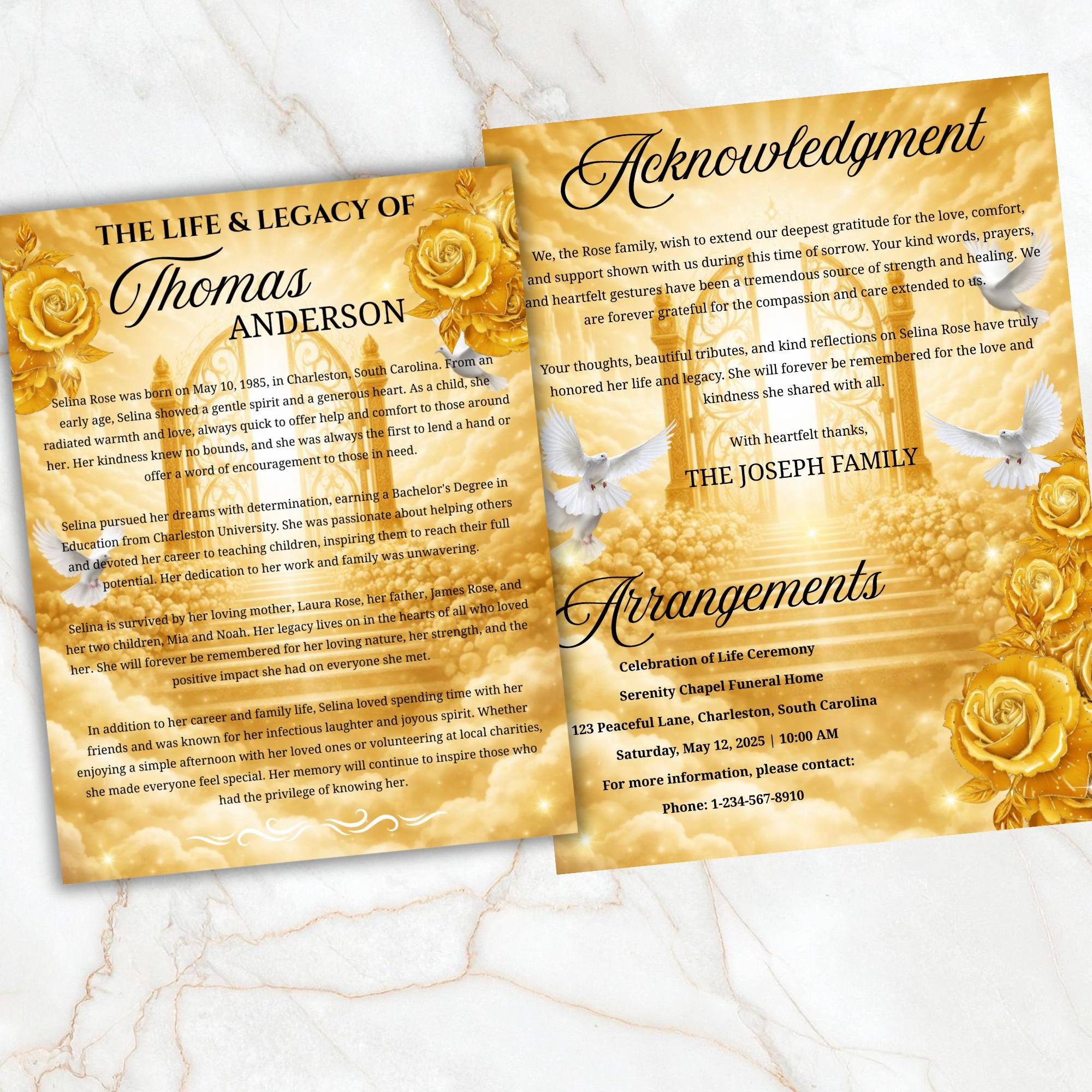 08 Pages Yellow Heaven Background Funeral Program Template, Bi-Fold Funeral Program, In Loving Memory, Obituary Celebration Of Life Program - Editable Memorial Canva Template
