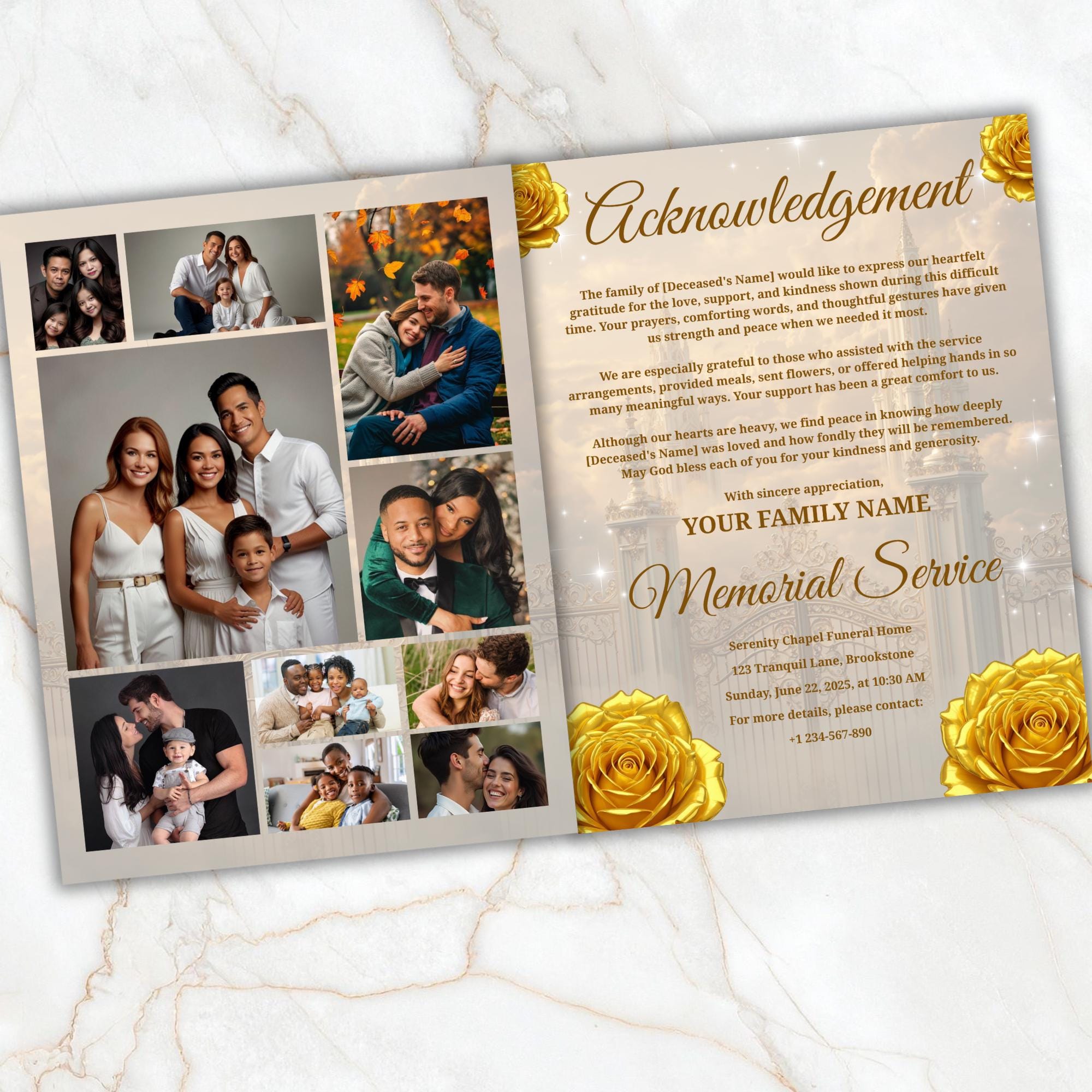08 Pages Yellow Heaven Clouds Funeral Program Template, Bi-Fold Funeral Program, In Loving Memory, Obituary Celebration Of Life Program - Editable Memorial Canva Template