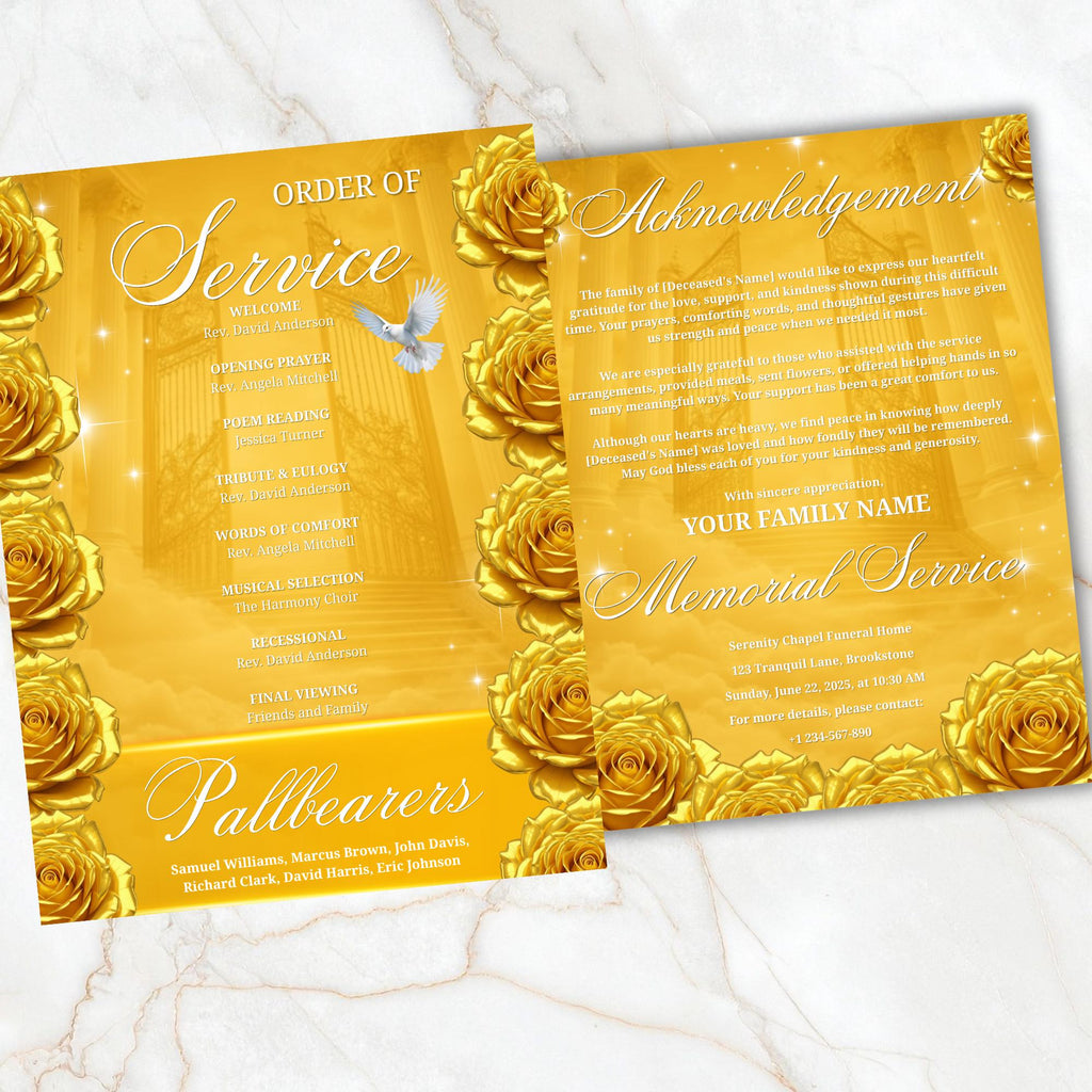 08 Pages Yellow Heaven Gate Funeral Program Template, Bi-Fold Funeral Program, In Loving Memory, Obituary Celebration Of Life Program - Editable Memorial Canva Template