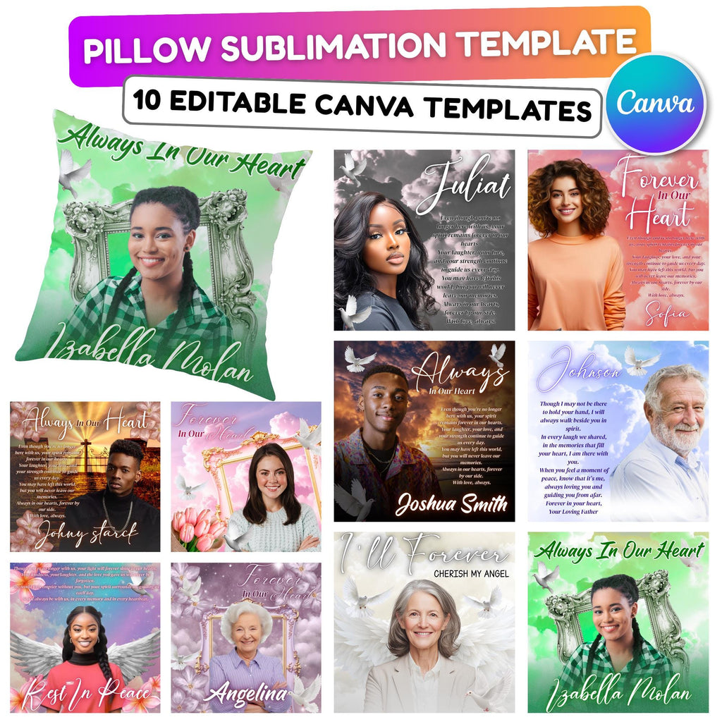10 Memorial Pillow Sublimation Canva Editable Template, Forever In Our Heart Template, In Loving Memory, Always In Our Heart Pillow Design - Editable Memorial Canva Template