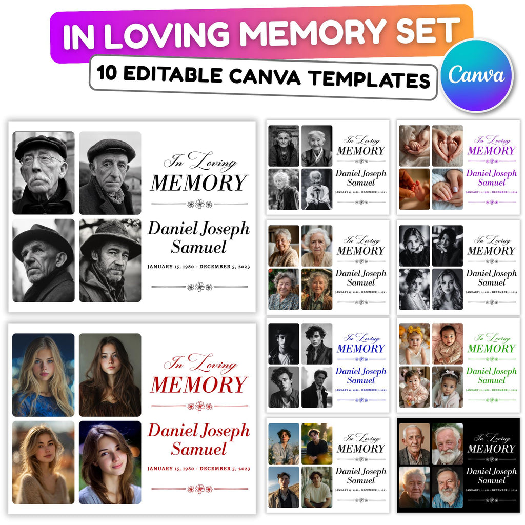 10 In Loving Memory Set Editable Canva Template, Memorial Set Template, Celebration of Life Design, In Loving Memory Digital Download - Editable Memorial Canva Template