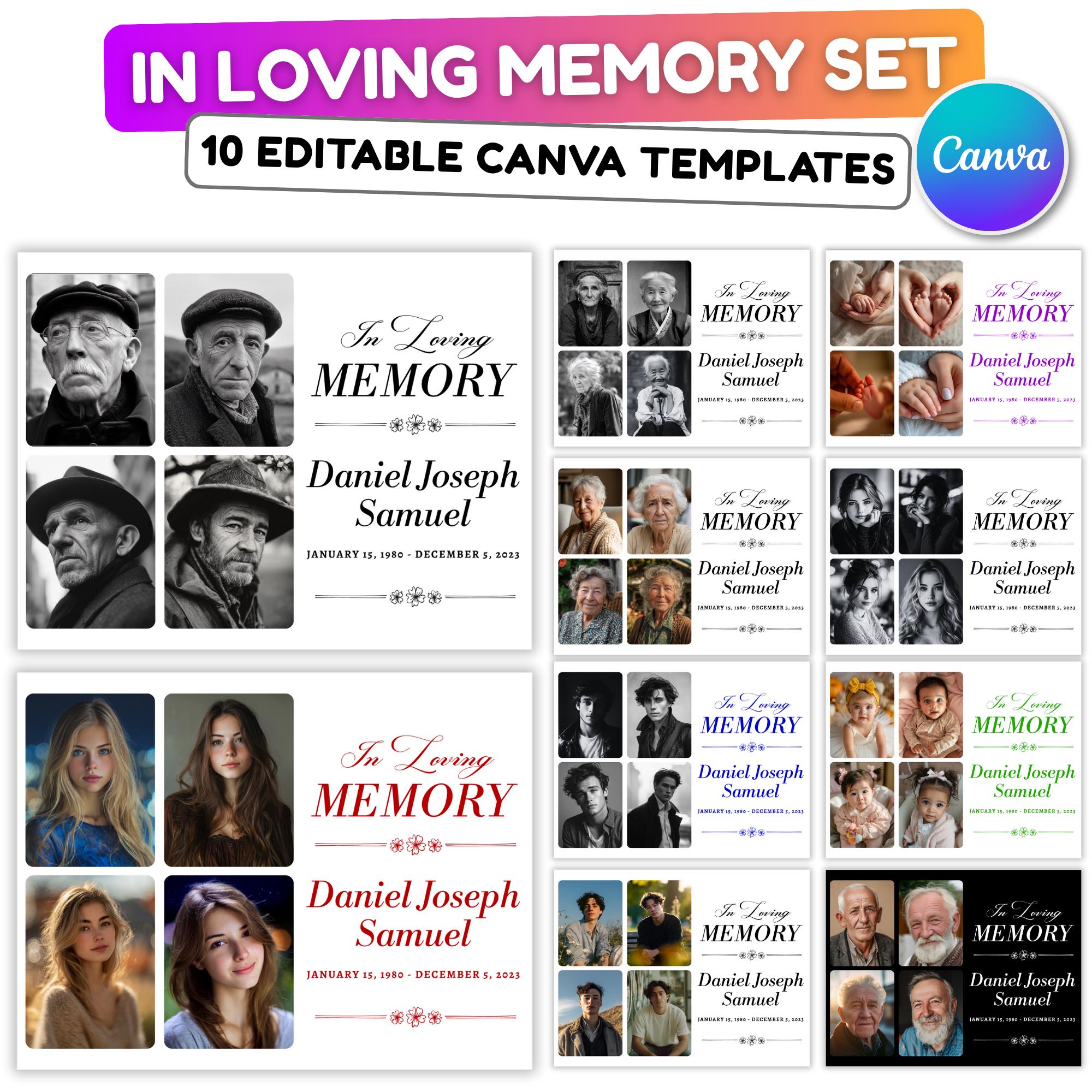 10 In Loving Memory Set Editable Canva Template, Memorial Set Template, Celebration of Life Design, In Loving Memory Digital Download - Editable Memorial Canva Template