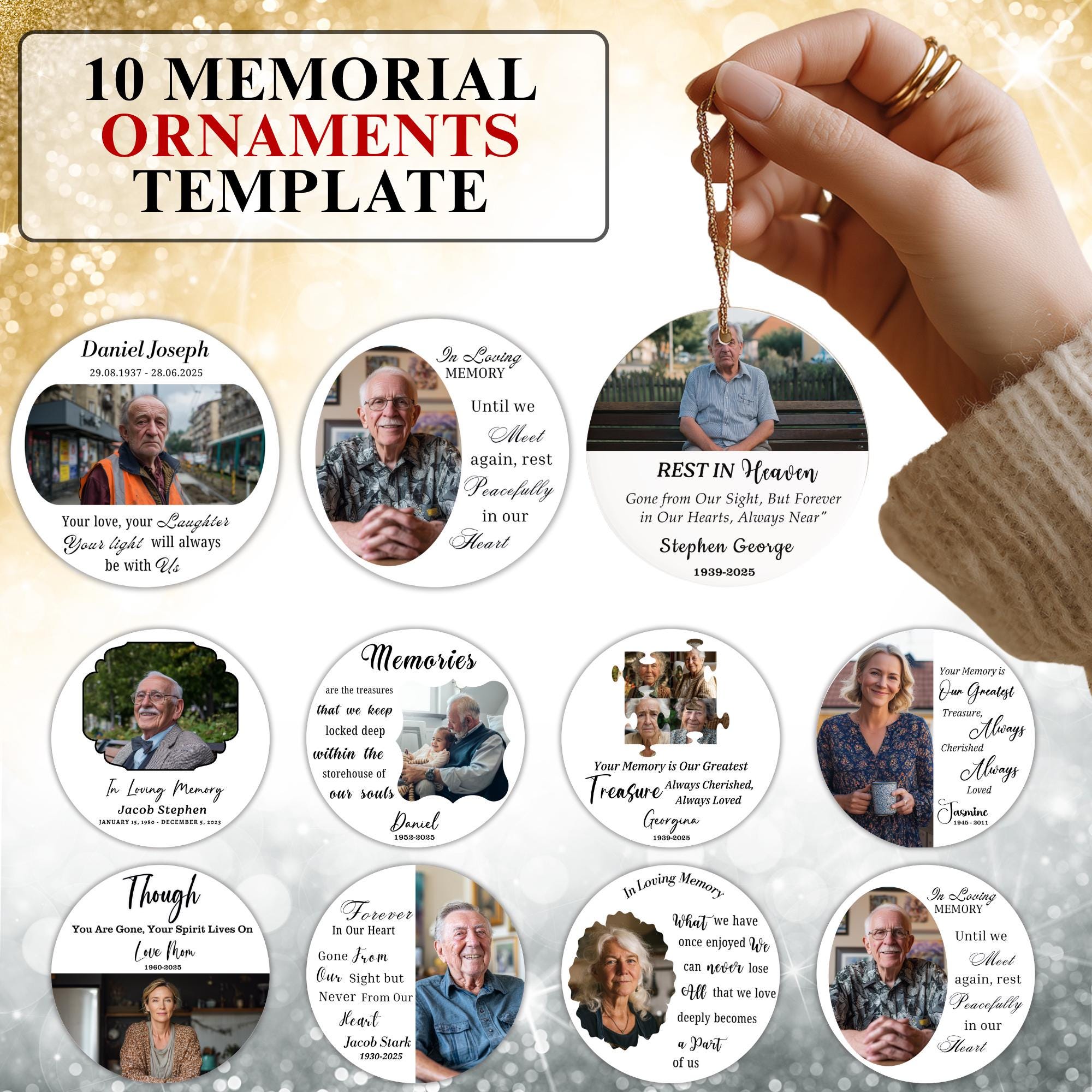 10 In Loving Memory Ornament Editable Template, Round Memorial in Heaven, Memorial Ornaments Template, In Loving Memory Heaven Ornament - Editable Memorial Canva Template