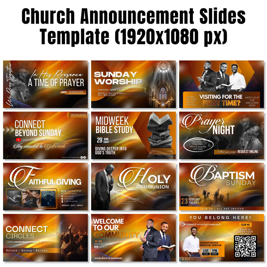 12 Church Announcement Slides Canva Editable Template, Pre Service Slides Modern Gradients Template, Church Welcome Livestream Presentation - Editable Memorial Canva Template
