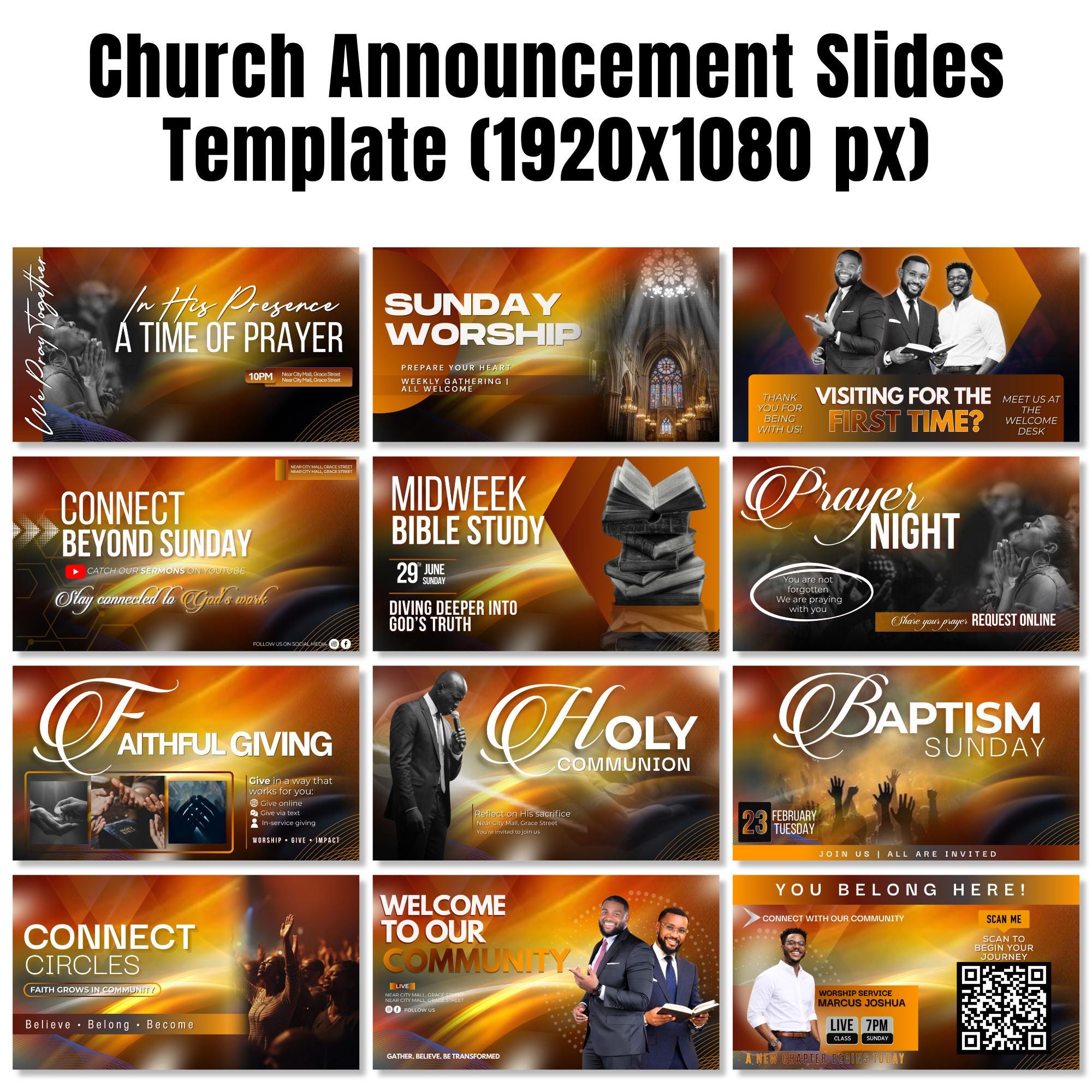 12 Church Announcement Slides Canva Editable Template, Pre Service Slides Modern Gradients Template, Church Welcome Livestream Presentation - Editable Memorial Canva Template