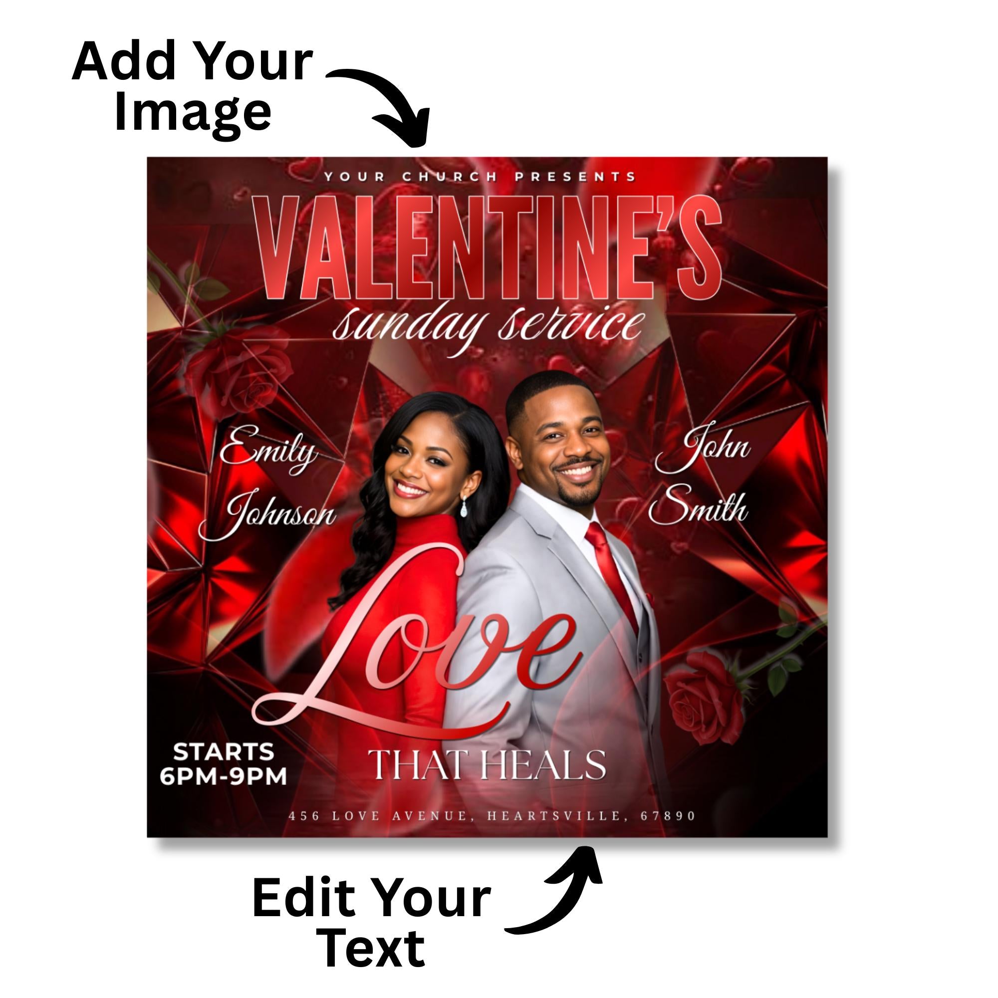 05 Valentine's Day Church Flyer Canva Editable Template, Pastoral Anniversary Flyer, Church Program Template, Valentine Sunday Service Flyer - Editable Memorial Canva Template