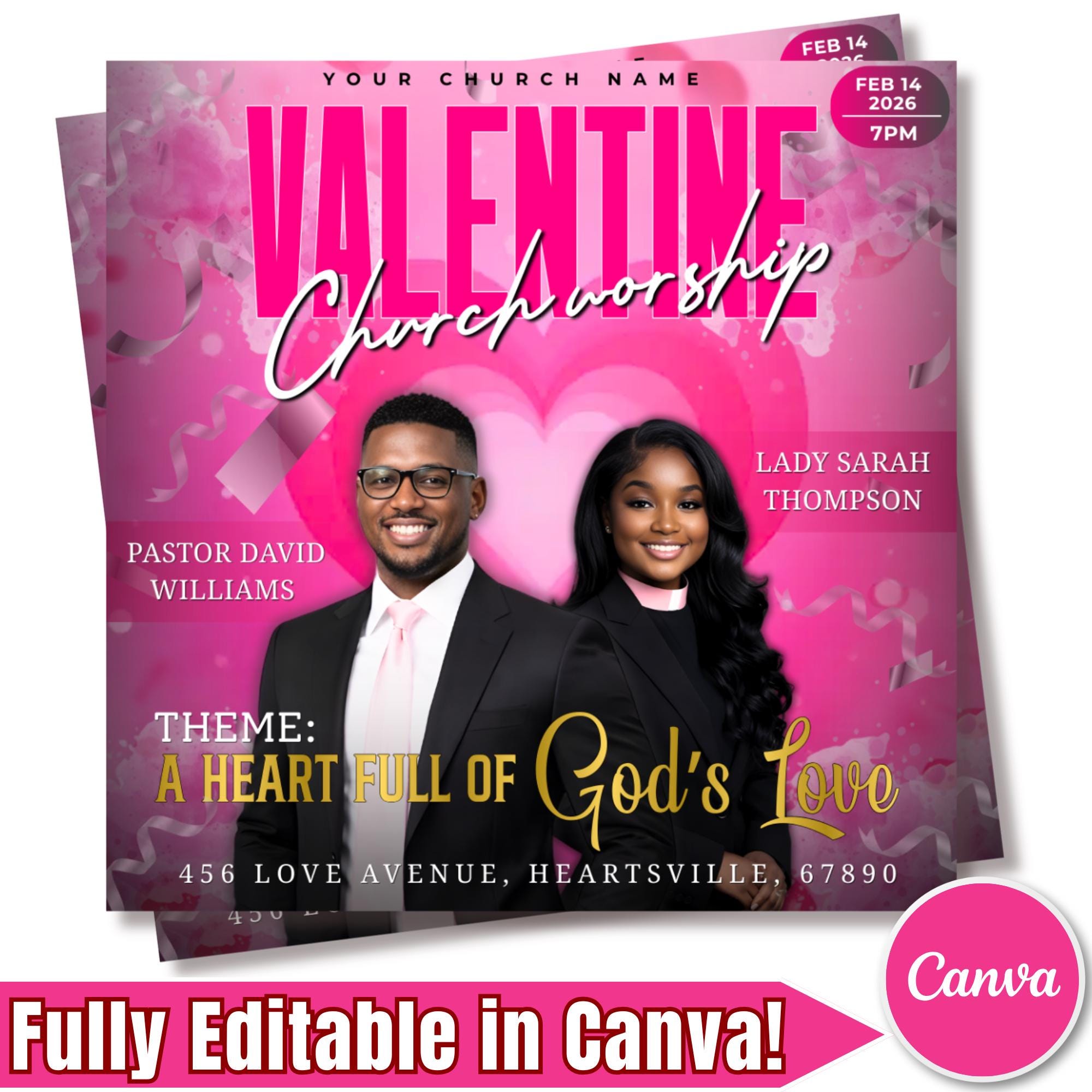 Valentine's Day Church Worship Flyer Canva Editable Template, Pastoral Anniversary Flyer, Church Program Template, Valentine Sunday Service - Editable Memorial Canva Template