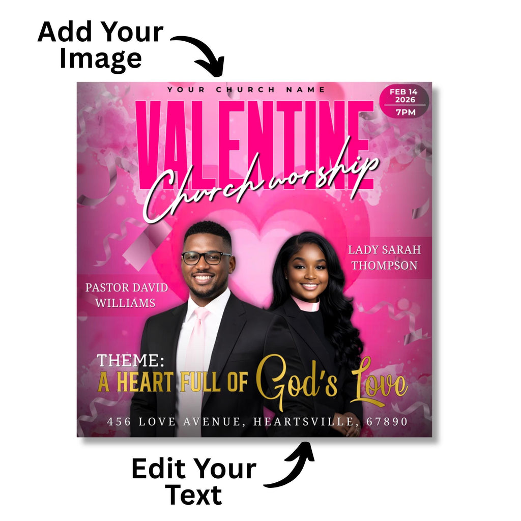 Valentine's Day Church Worship Flyer Canva Editable Template, Pastoral Anniversary Flyer, Church Program Template, Valentine Sunday Service - Editable Memorial Canva Template