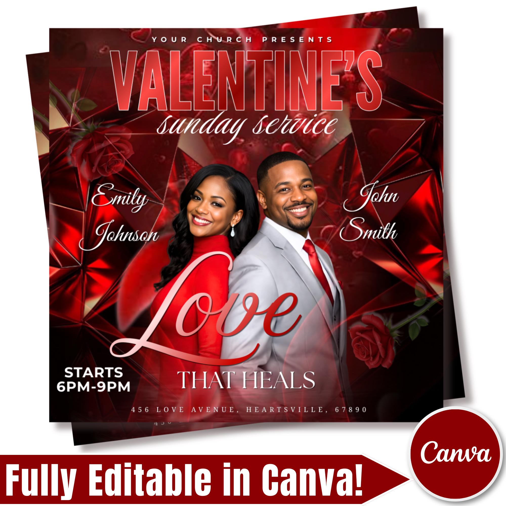Valentine Sunday Service Flyer Canva Editable Template, Pastoral Anniversary Flyer, Church Program Template, Digital Download - Editable Memorial Canva Template