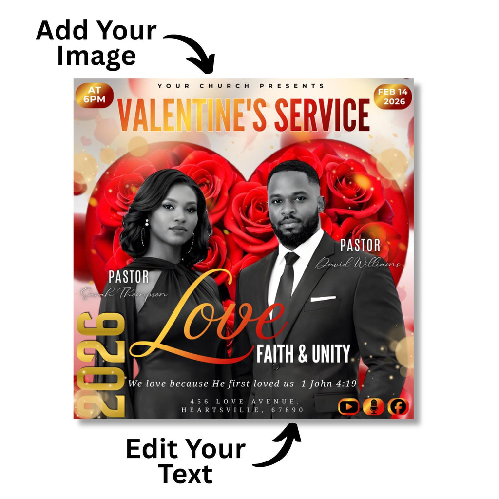 Valentine's Day Church Flyer Canva Editable Template, Pastoral Anniversary Flyer, Church Program Template, Valentine Sunday Service Flyer - Editable Memorial Canva Template