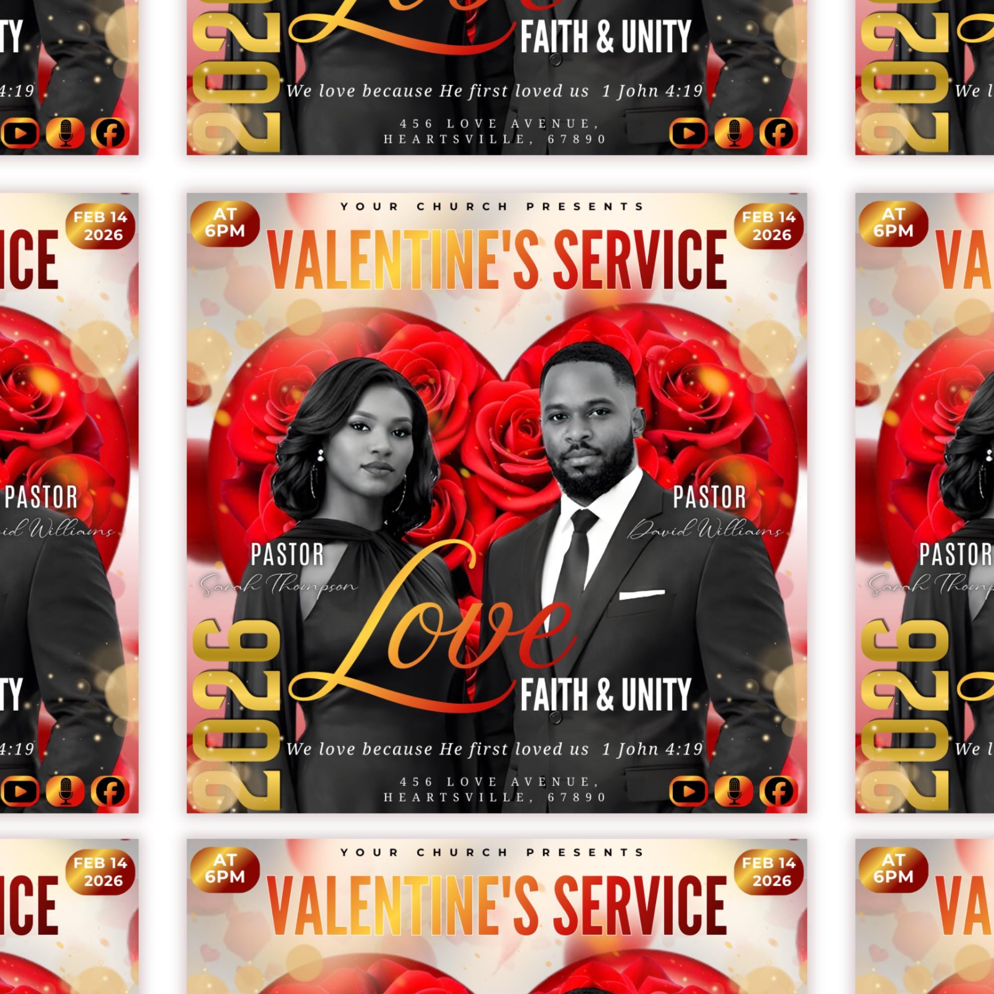 Valentine's Day Church Flyer Canva Editable Template, Pastoral Anniversary Flyer, Church Program Template, Valentine Sunday Service Flyer - Editable Memorial Canva Template