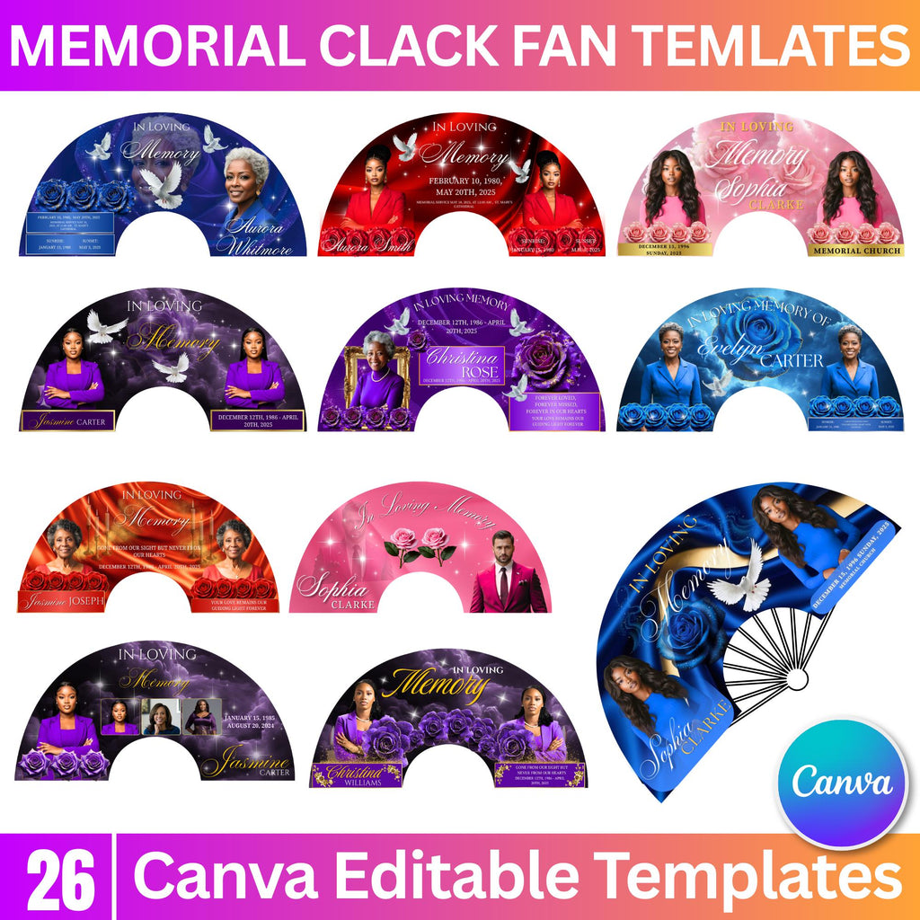 26 In Loving Memory Clack Fan Canva Editable Templates, In Loving Memory Templates, Memorial Canva Template, Funeral Memorial Clack Fan - Editable Memorial Canva Template
