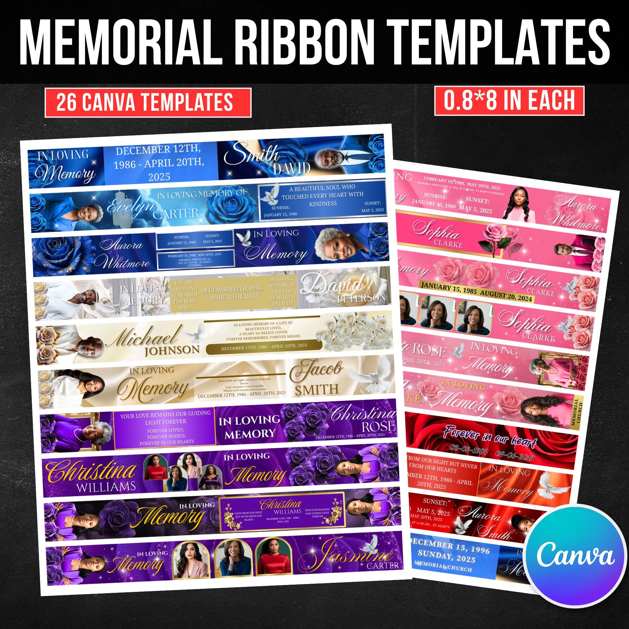 26 In Loving Memory Ribbon Canva Editable Template, Memorial Ribbon Templates, Rest in Piece Ribbon Design, Funeral Memorial Template - Editable Memorial Canva Template